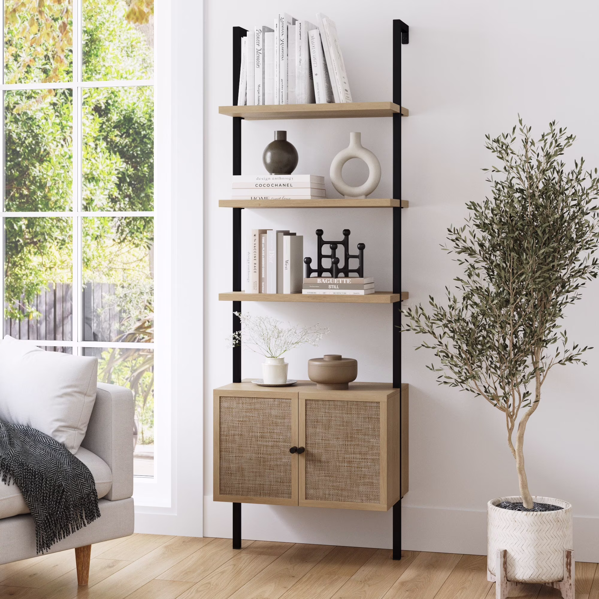 Nathan James Theo Open Shelf Bookcase with Rattan Drawers in Light Oak Wood and Matte Black Frame