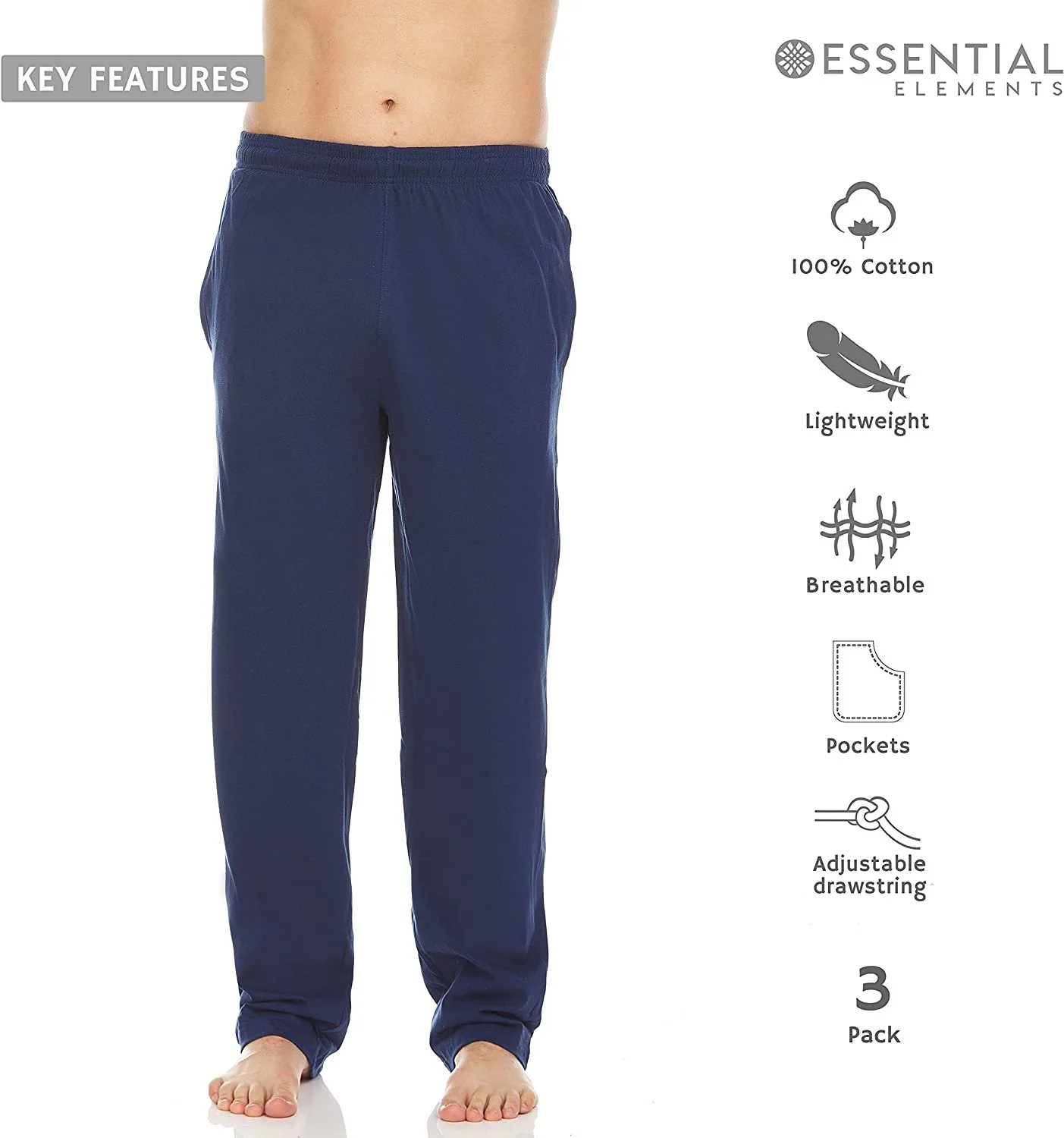 Essential Elements 3 Pack: Mens Cotton Sleep Pants - 100% Cotton Jersey Lounge Casual Sleep Bottoms PJ Pajama Pants