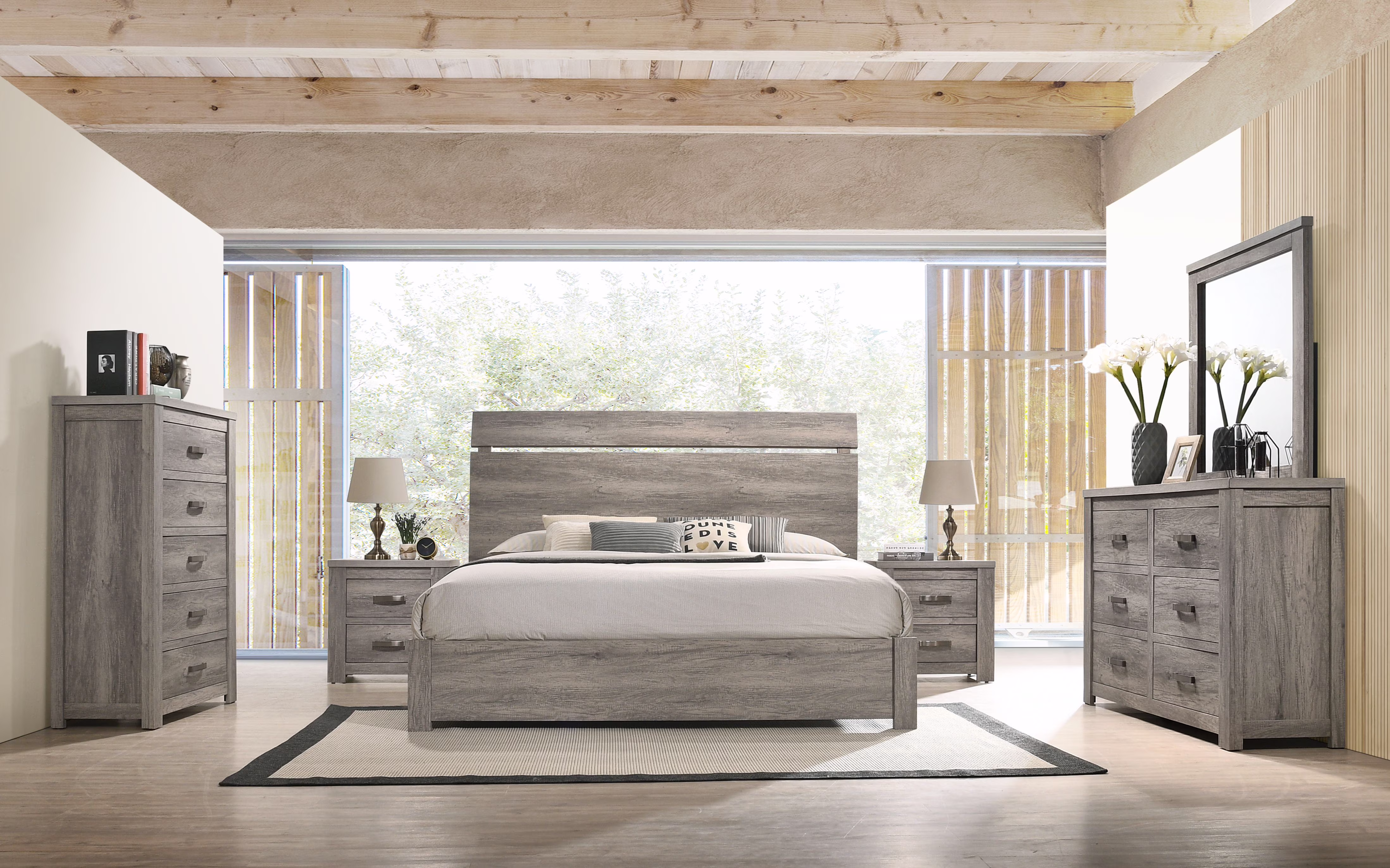 Roundhill Furniture living room Floren Contemporary Weathered Gray Wood Bedroom Set, King Panel Bed, Dresser, Mirror, Two Nightstands, Chest