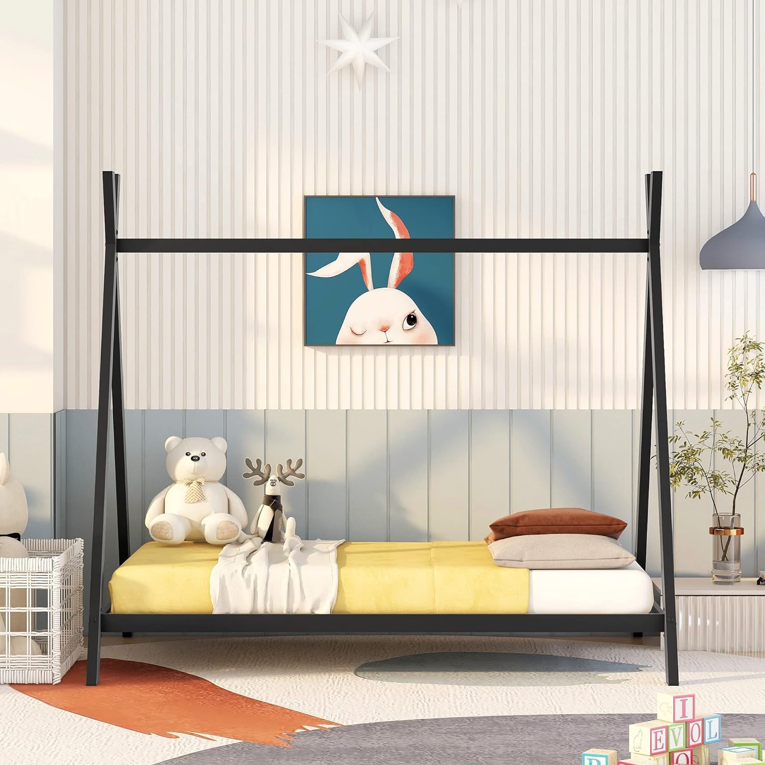 Teepee Bed Metal Toddler House Bed Frame Montessori Floor Beds For Kids Boys Girls Teens, Black