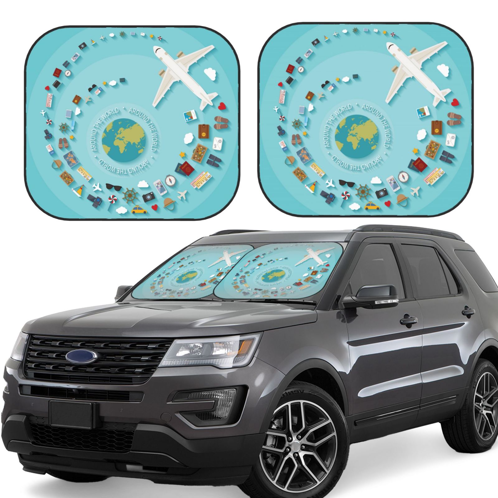 Lukts Travelling On Airplane Print 2 Piece Car Sun Shade Windshield,Foldable Car Shade Front Windshield With Keeps Your Vehicle Cool, For Most Sedans Suv And Trucks - Small