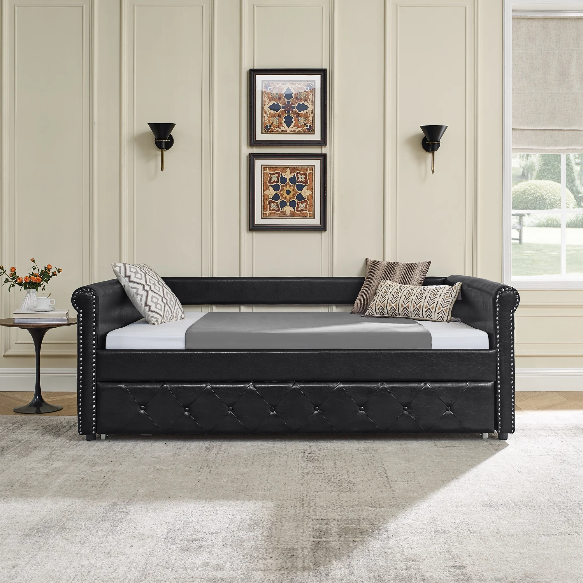 Trundle Upholstered Tufted Sofa Bed Daybed with Button and Copper Nail on Arms