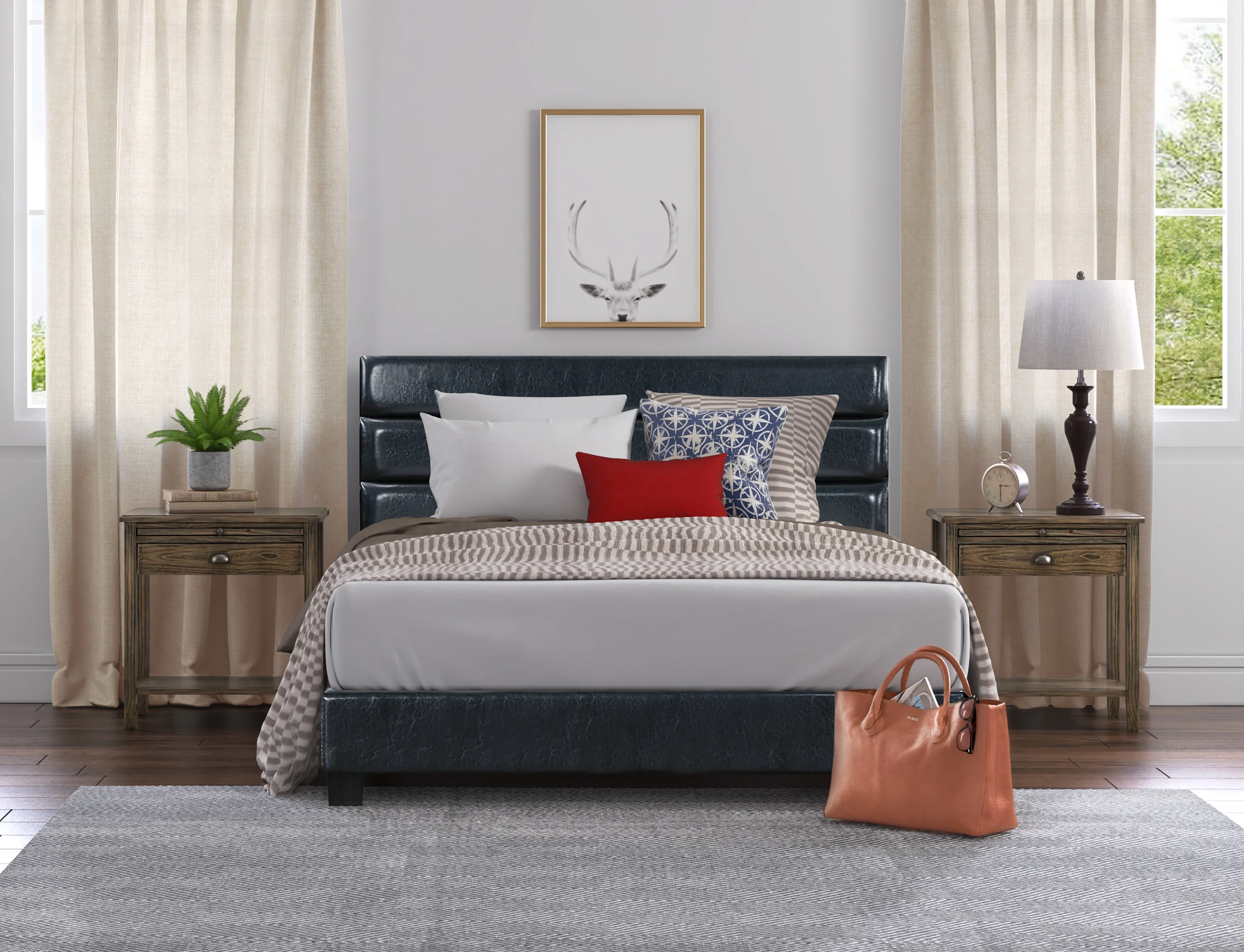 Truly Home Contemporary/Modern Linen Tufted Slat Bed, King, Black