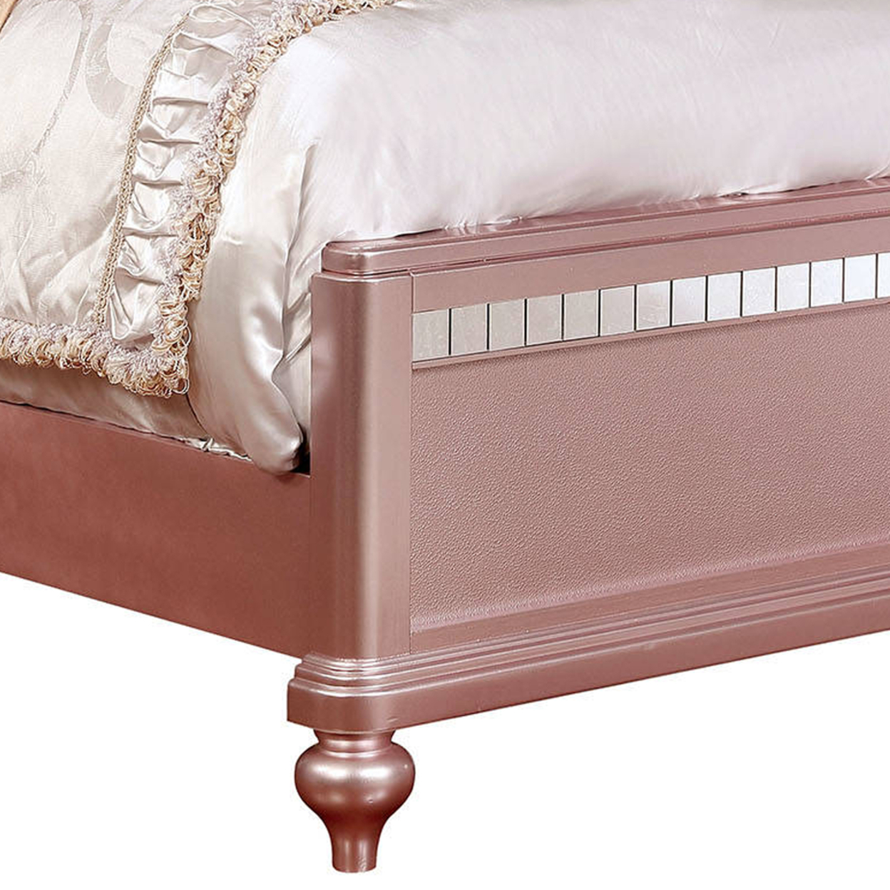 Full Size Wooden Bed With Mirror Trim Details and Camelback Headboard Pink- Saltoro Sherpi