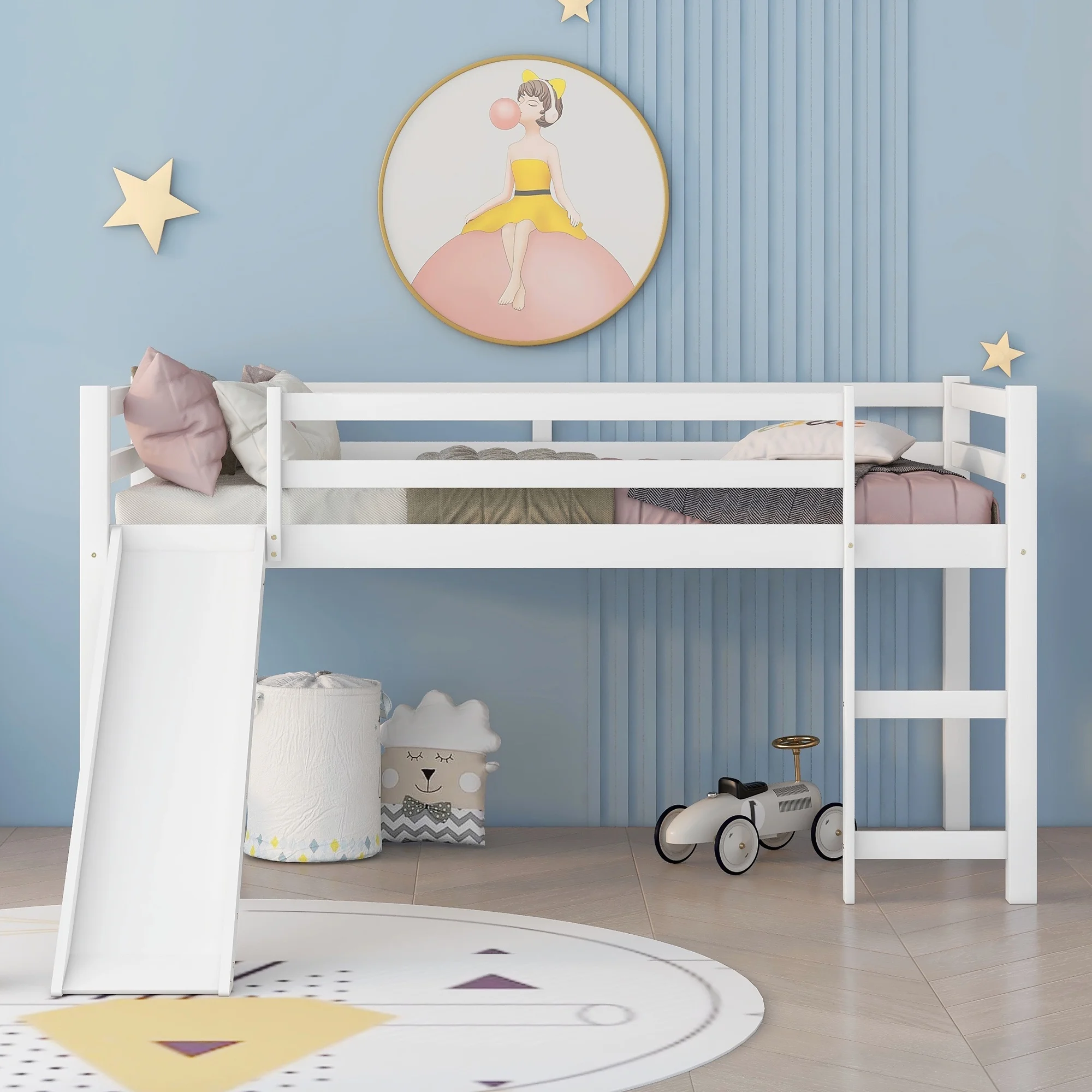 Bellemave Twin Size Loft Bed with Slide and Ladder for Kids, Wood Low Loft Bed Frame (White)