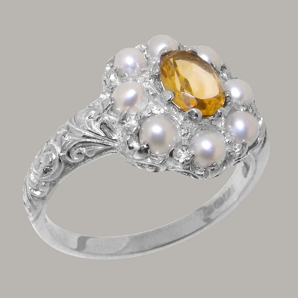 LBG British Made Solid 18k White Gold ring with Natural Citrine & Cultured Pearl Womens Engagement Ring - 33 size options - Size 9.75