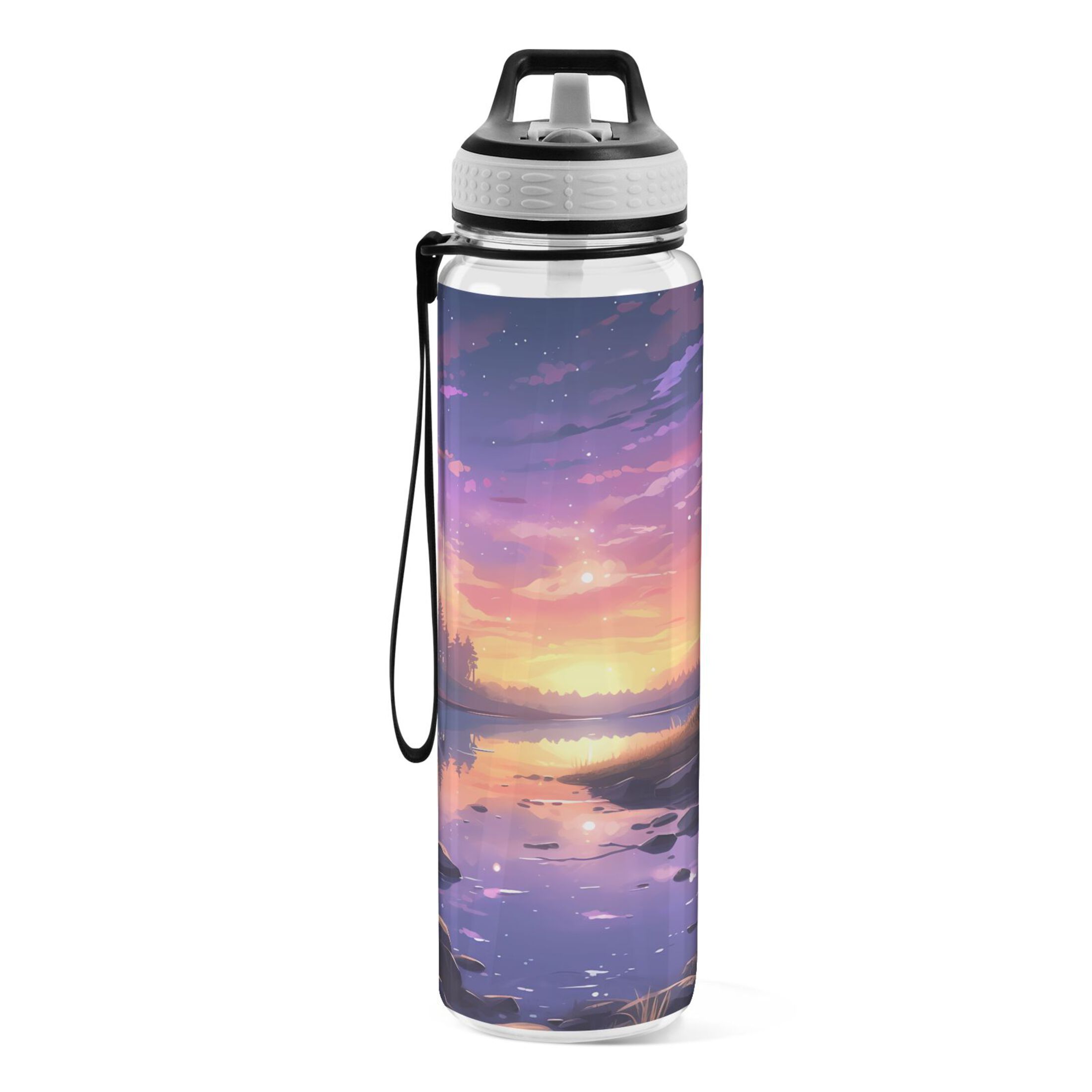 Sea with Trees in Sunset 32oz Water Bottles with Straw Tritan Leakproof Sports Bottle BPA Free Clear for Fitness Gym Swimming Cycling