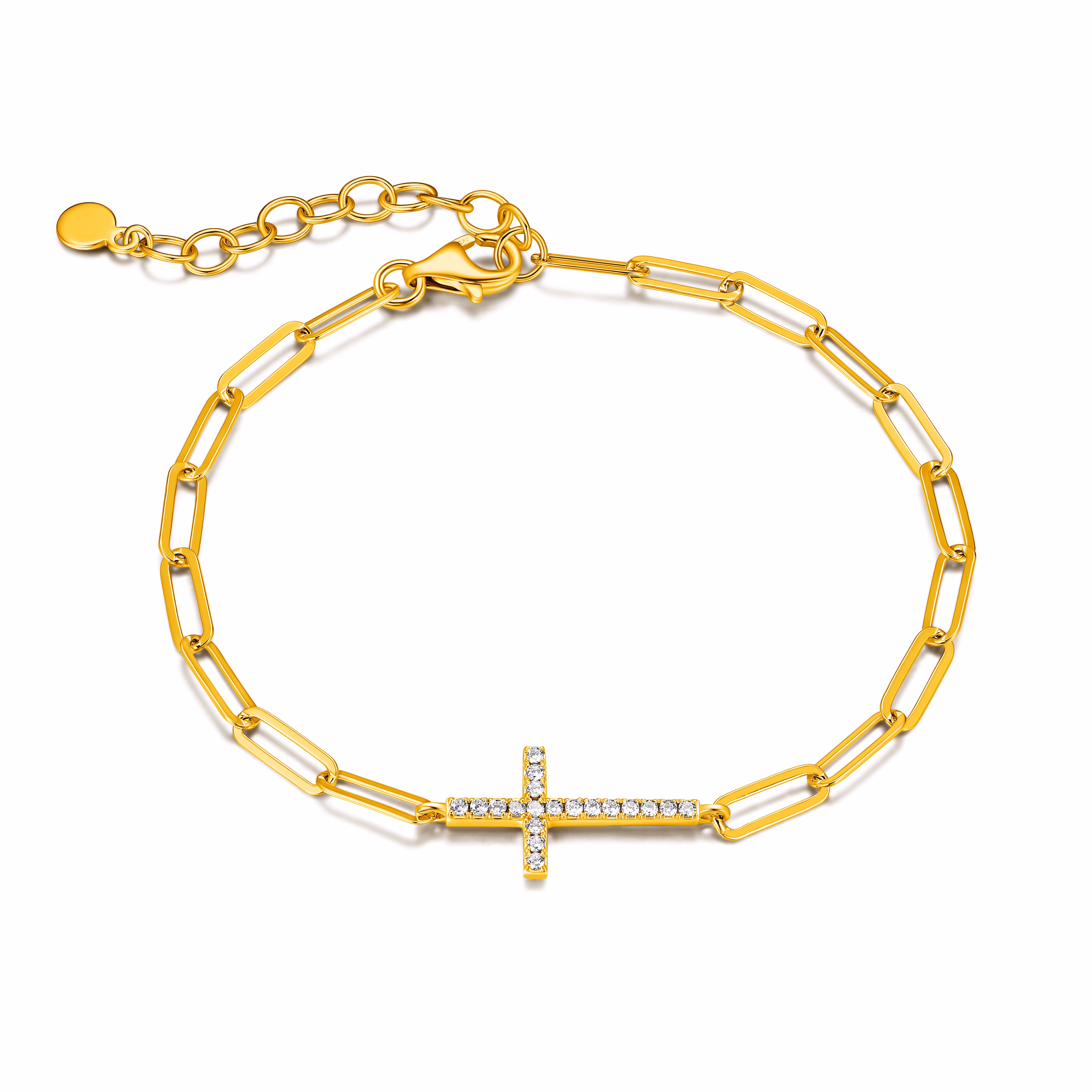 Forever Facets 18K Gold Over Sterling Silver CZ Cross Paperclip Bracelet, 6.75