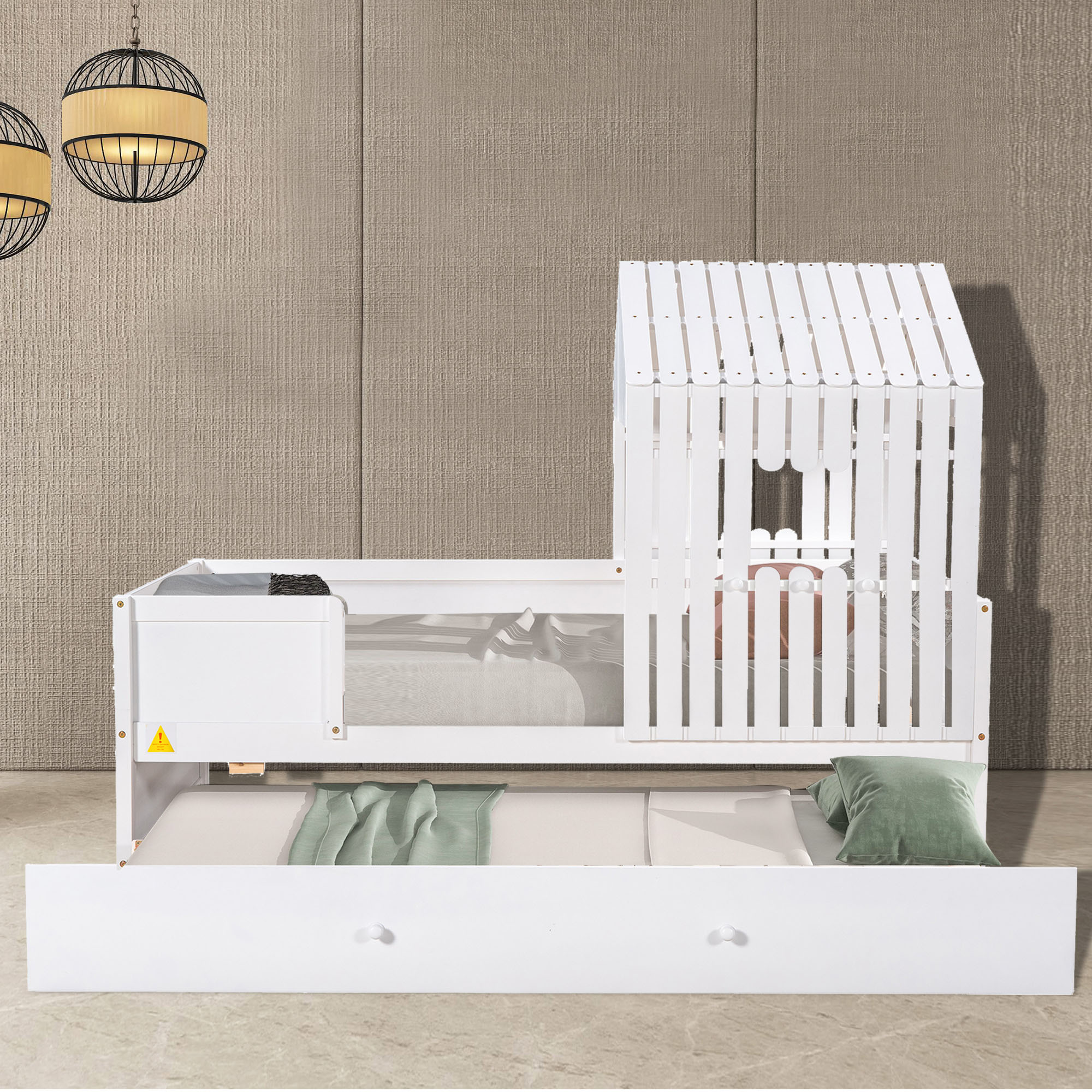 Double Low Loft Bed with Rollers, White, Size 77.9