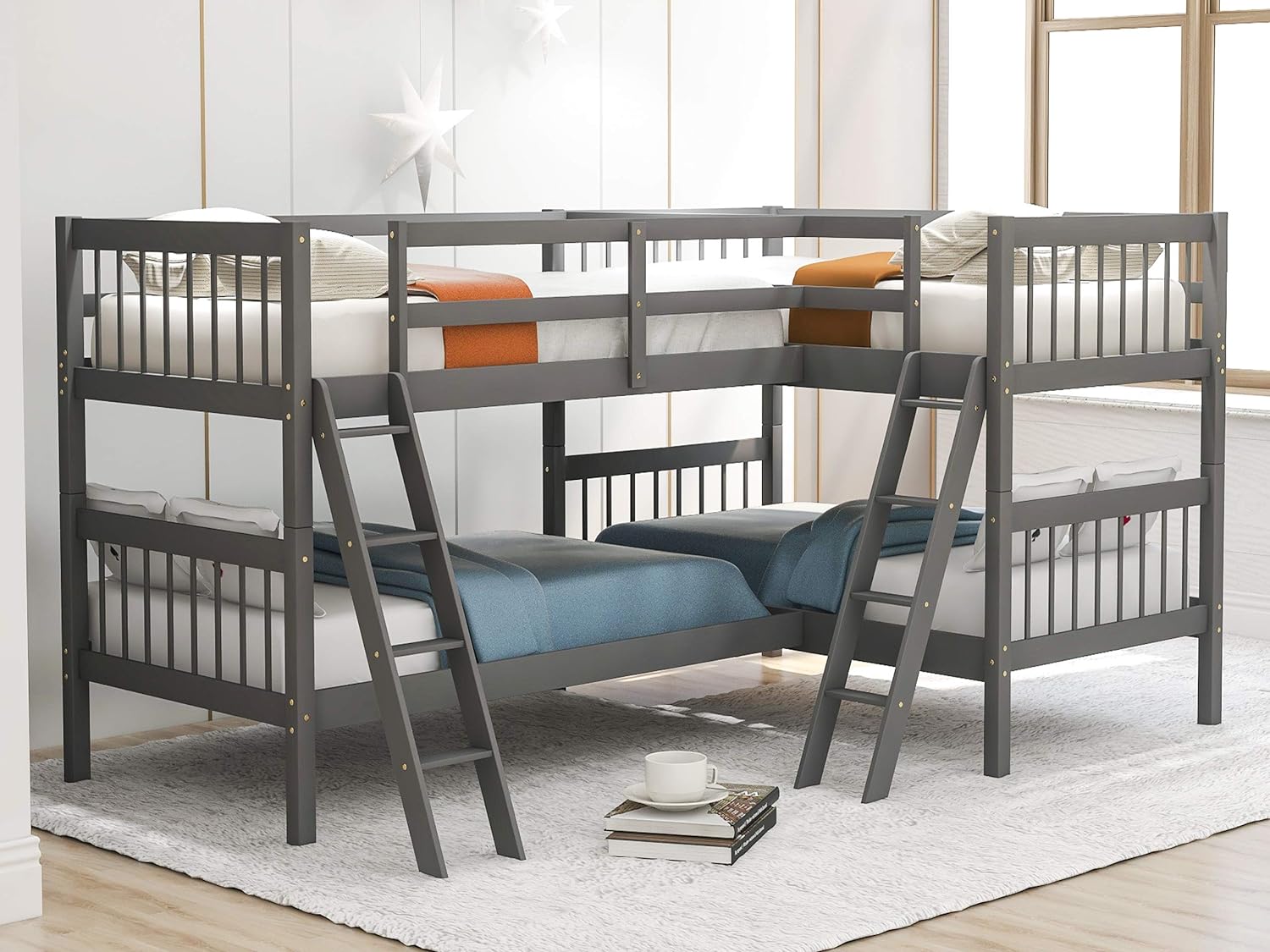 Corner L-Shaped Bunk Bed For 4 Kids, Over Over Bunk Bed Frame Wih Ladder, No Box Spring Needed (Grey)