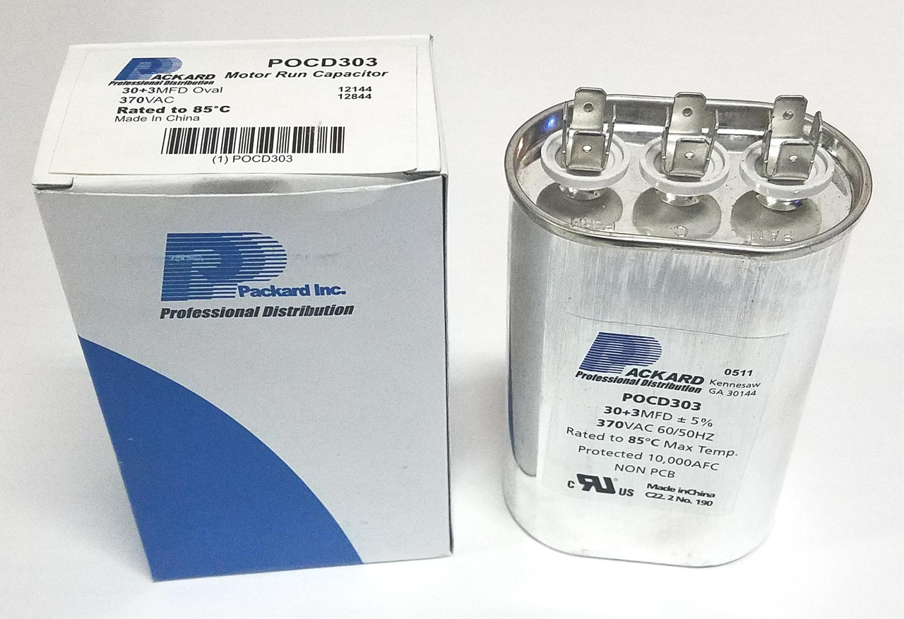 Packard 30\/3-370 Packard POCD303 HVAC Oval Motor Run Dual Capacitor. 30/3 MFD/UF 370 Volts