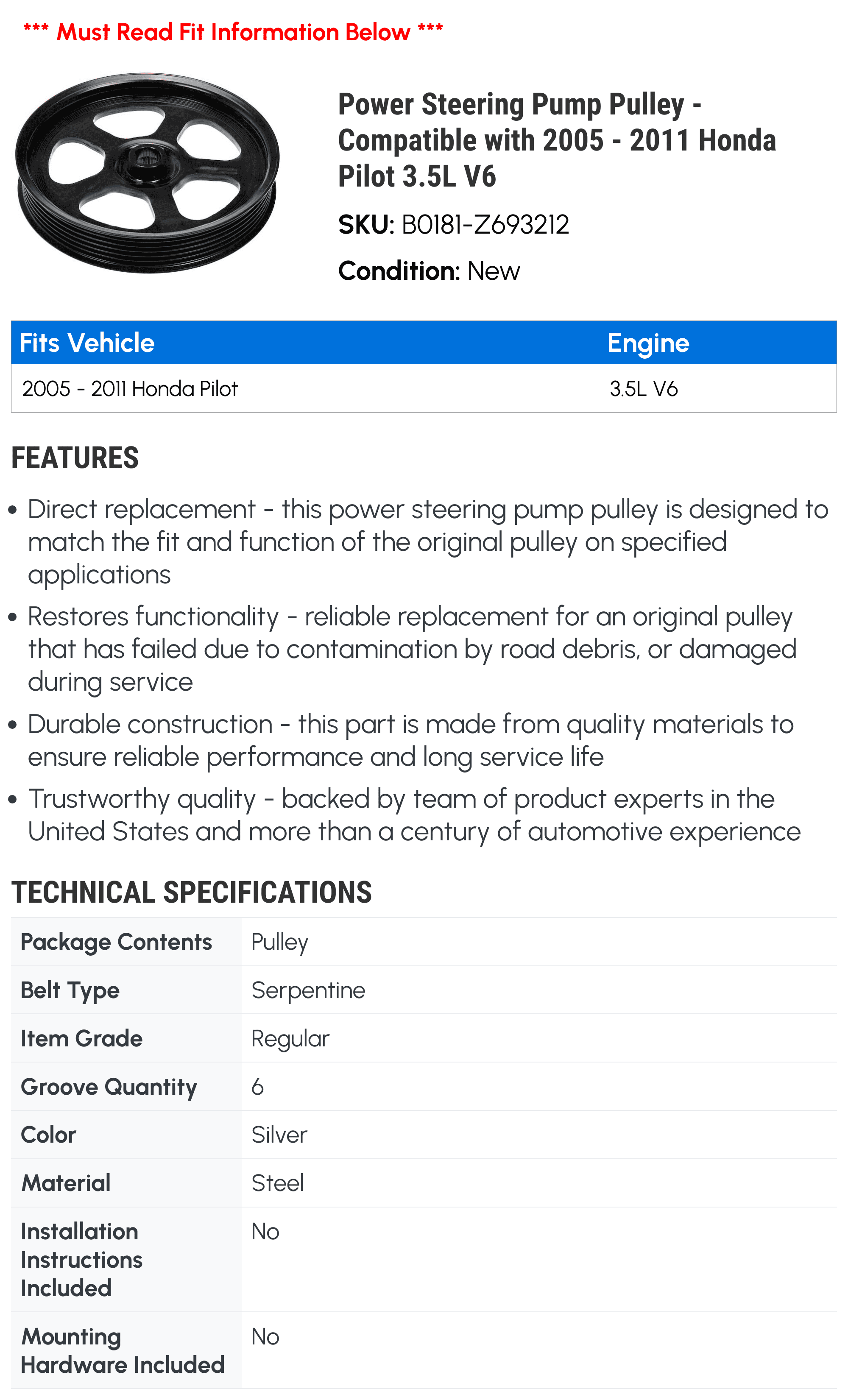 Power Steering Pump Pulley - Compatible with 2005 - 2011 Honda Pilot 3.5L V6 2006 2007 2008 2009 2010