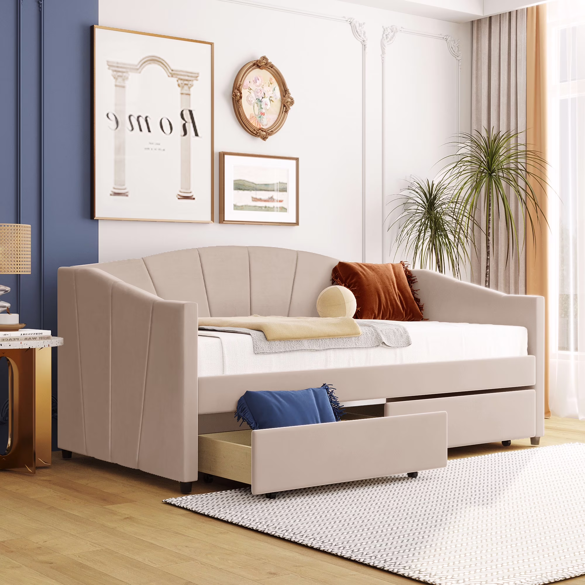 Beige Modern Upholstered Sofa Velvet Fabric Sofa Bed Frame Upholstered Sofa Cama Double Bed with Two Drawers and Wooden Slat Support for Living Room Bedroom