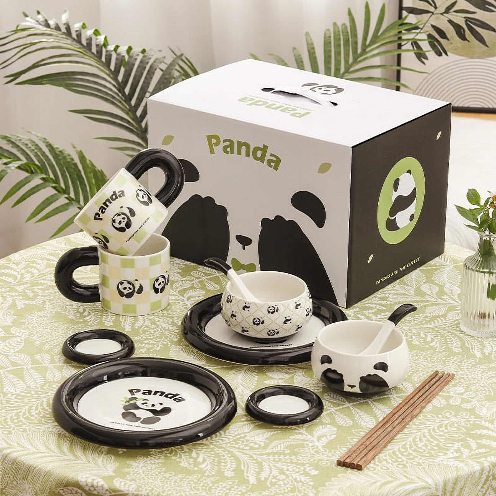 12PCS Panda Ceramic Tableware Set, Dishes, Plates, Mugs, Home Kitchen Tableware Supplies, Exquisite Gift Box for Gift Giving