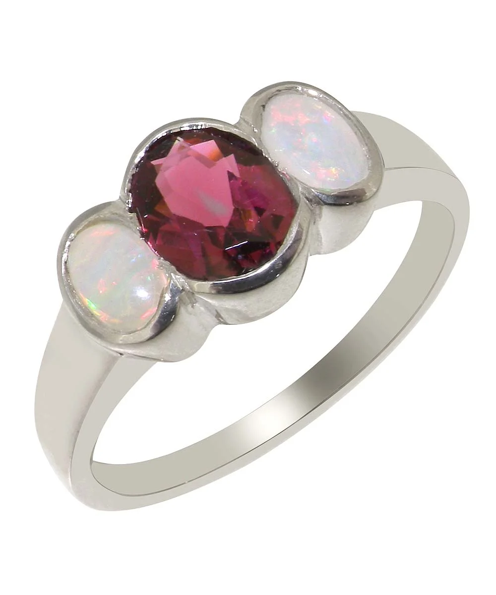 LBG British Made 18k White Gold Natural Garnet & Opal Womens Anniversary Ring - 33 size options - Size 10