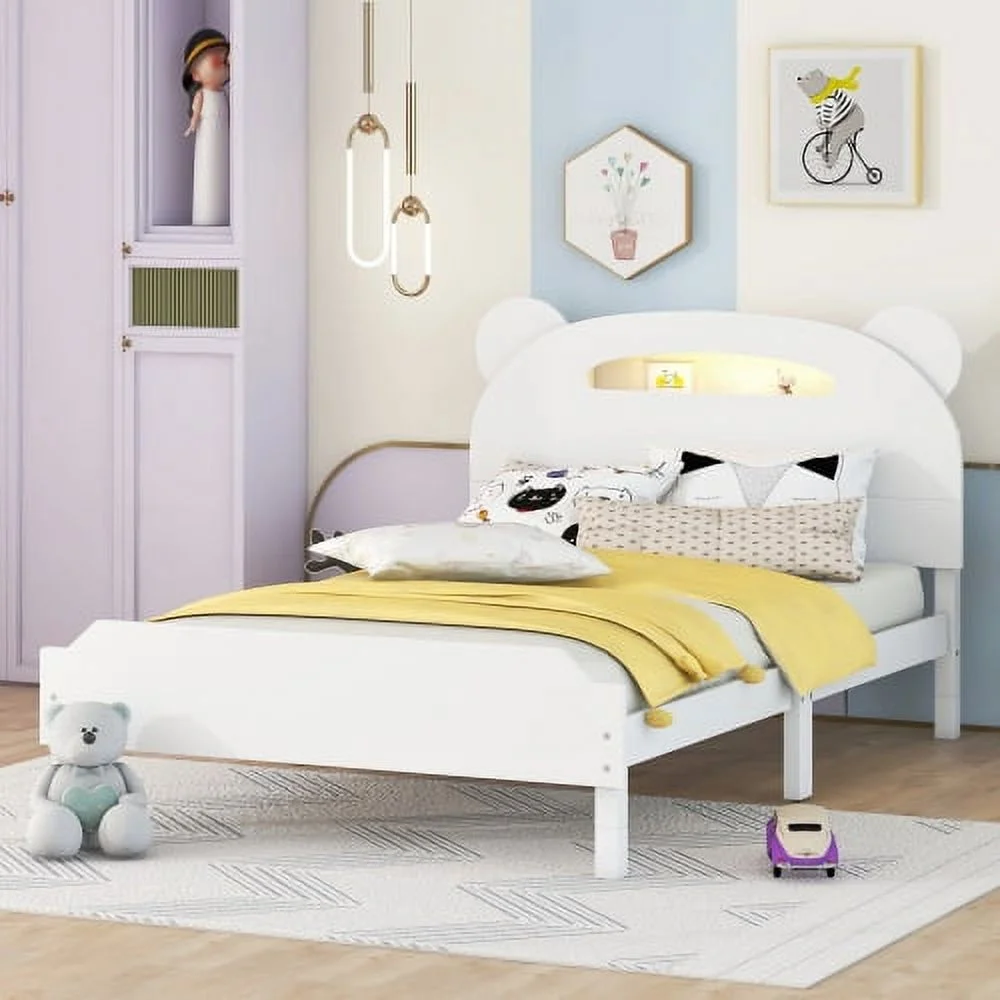 Twin Size Bed Frame, Bear-shaped Wood Platform With Motion Activated Night Lights, White
