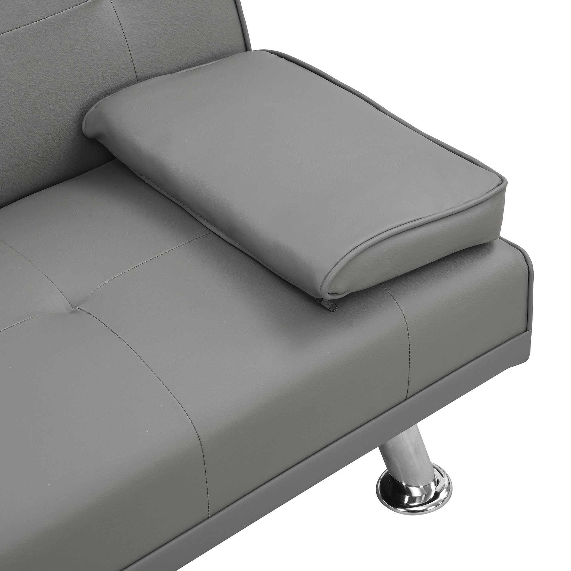 sofa bed with Armrest two holders WOOD FRAME, STAINLESS LEG, FUTON GREY PVC