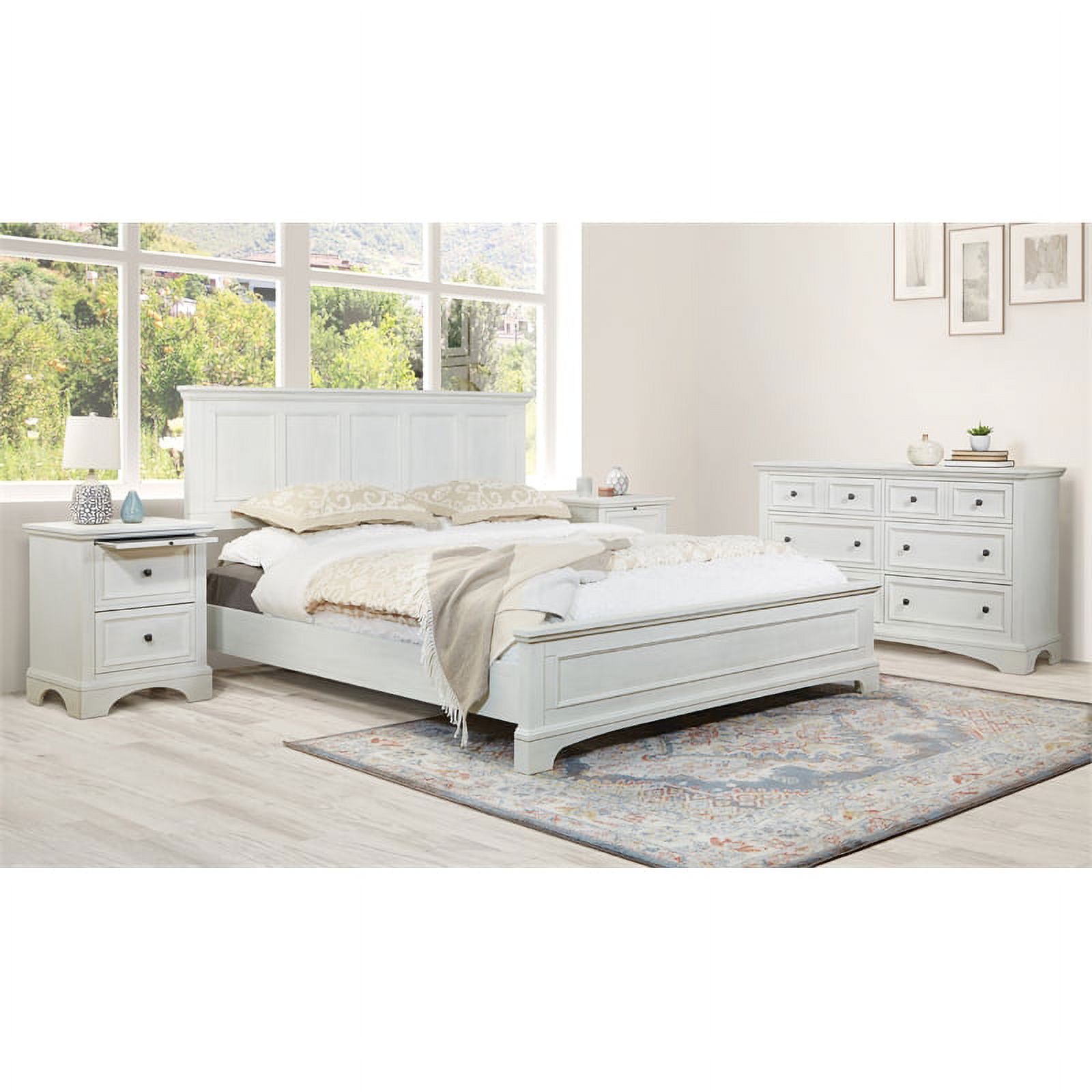 Farmhouse Basics Bed King 4pc. Bedroom Set in Rustic White Engineered Wood