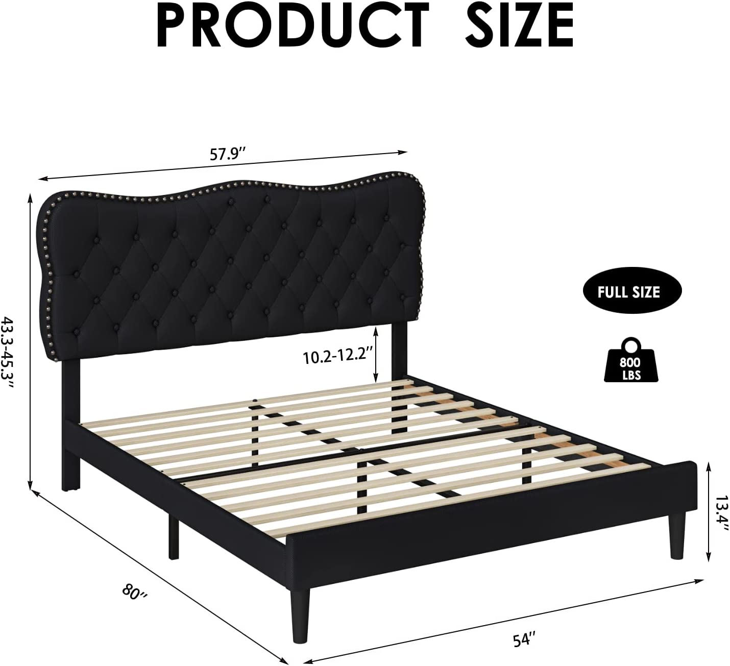 Bed Frame, Linen Fabric Upholstered Platform Bed Frame with Adjustable Headboard, Diamond Tufted Mattress Foundation with Wood Slats, Easy Assembly, No Box Spring Needed, Black