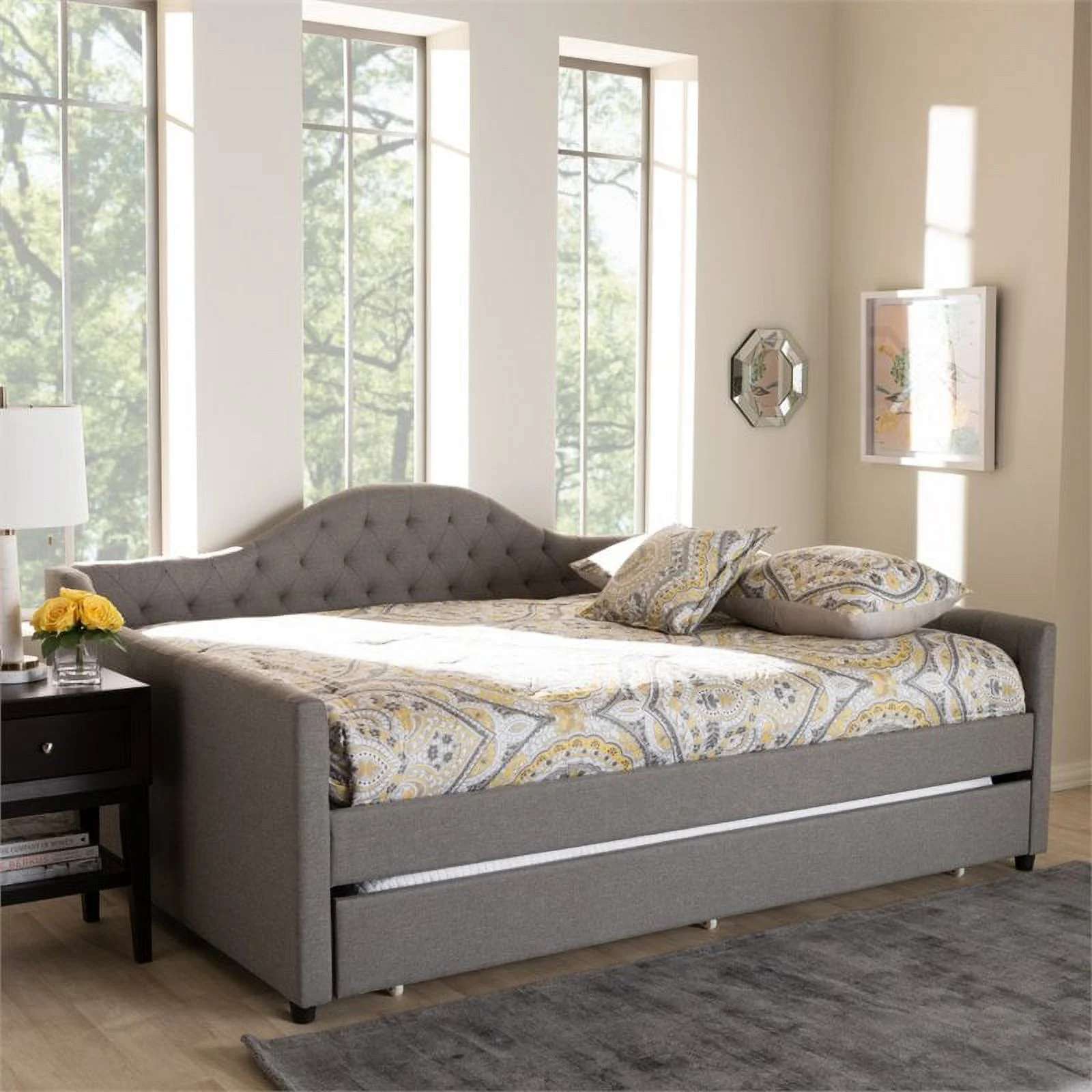 Allora Tufted Wooden Full Daybed with Trundle in Grey