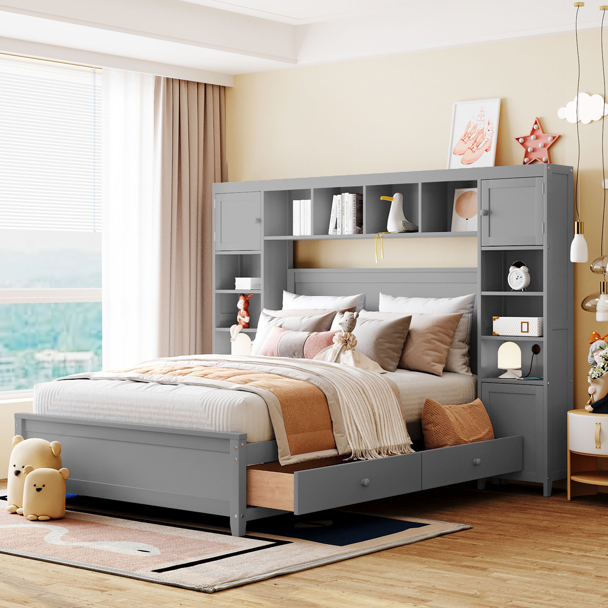 Dawn Whisper Full Size Wooden Bed With All-in-One Cabinet and Shelf, Gray