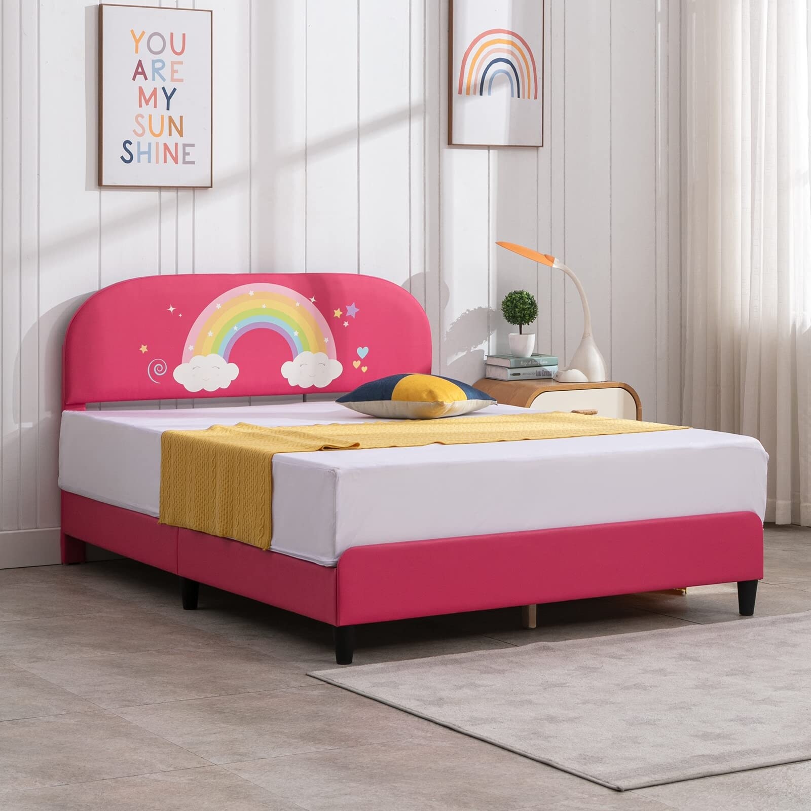 Mixoy Toddler Bed Frame with Headboard |Durable Bed Frames for Kids | Rainbow Pattern | Kids Furniture for Bedroom Space - Twin