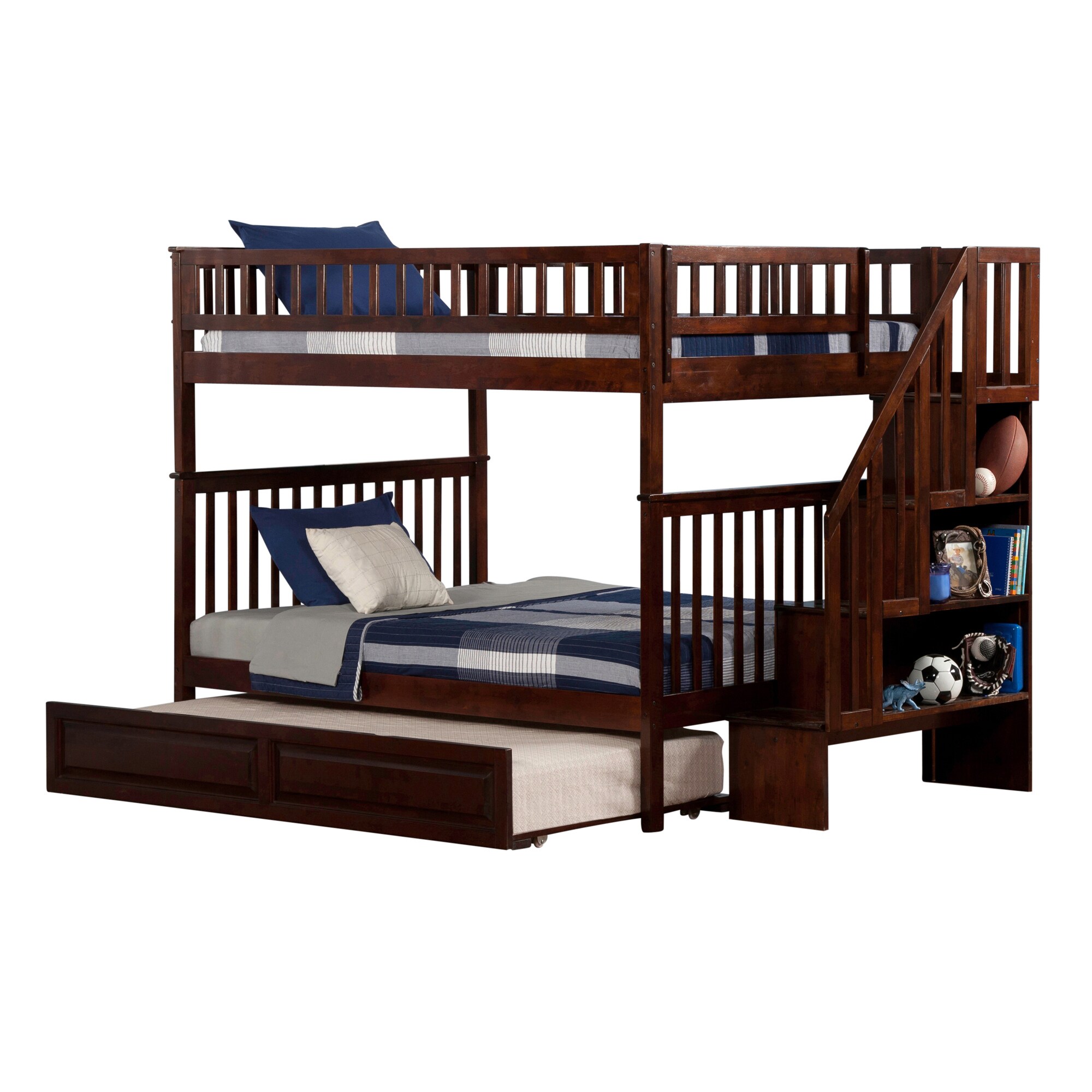 AFI Woodland Staircase Bunk Bed Full over Full with Twin Trundle in Walnut
