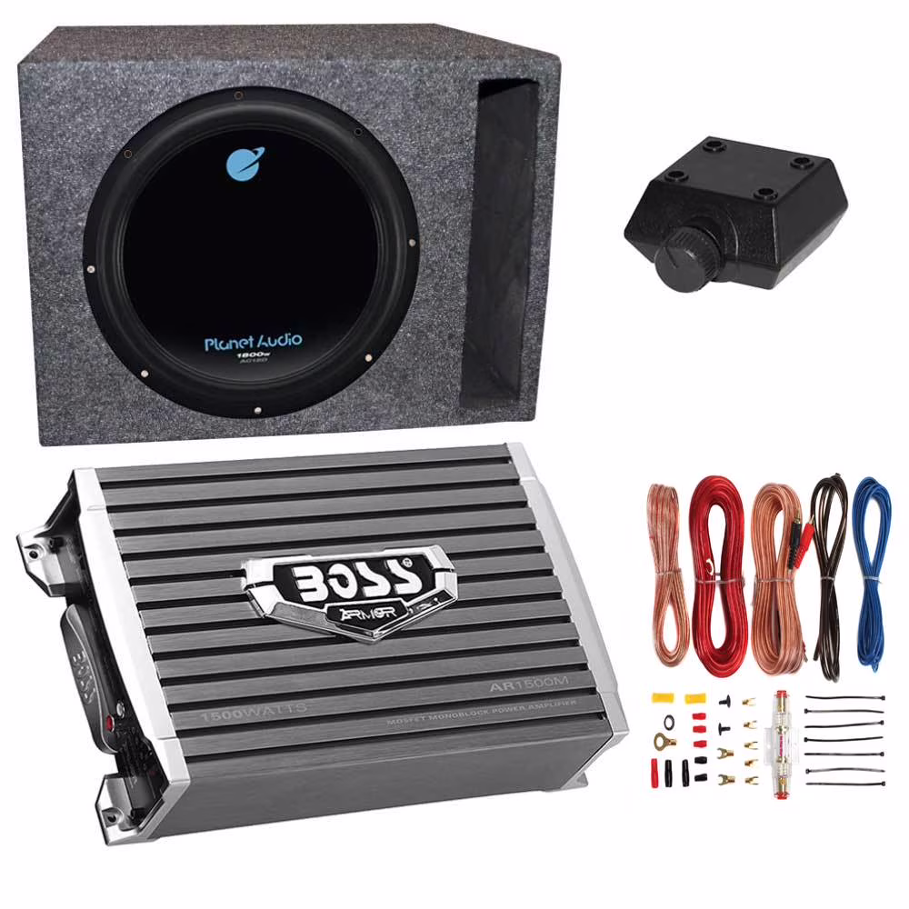 Planet Audio 1800W Subwoofer with 1500W Amplifier,  Amp Kit & Q-Power Enclosure