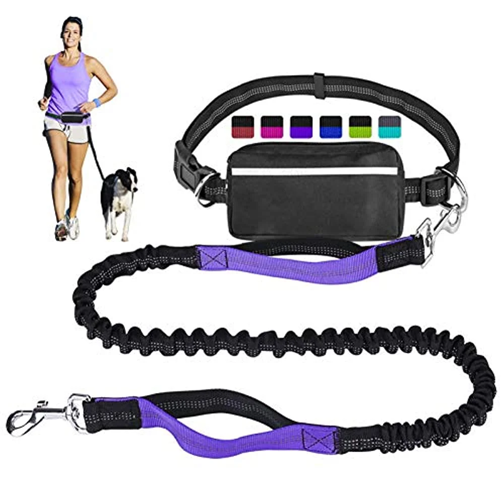 hands free dog leash for running walking training hiking, dual-handle reflective bungee, poop bag dispenser pouch, adjustable waist belt, shock absorbing, ideal for medium to large dogs (black/purple)
