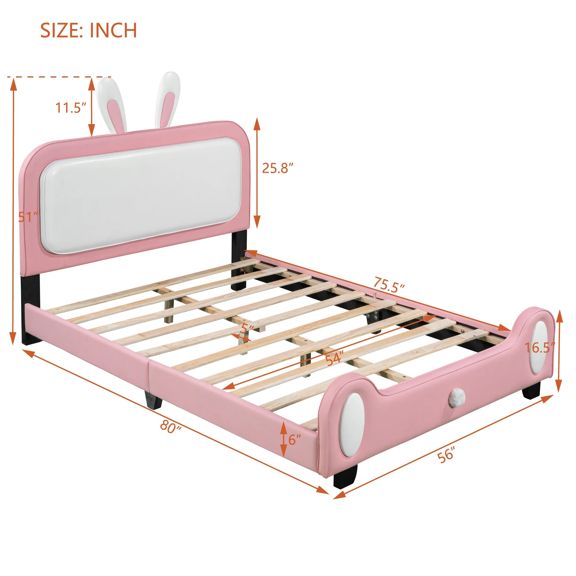 Churanty Full Size Pink Kids Princess Bed for Girls,PU Platform Bed with Bunny Shape Headboard, Cute Kids Low Bed Frame with Footboard