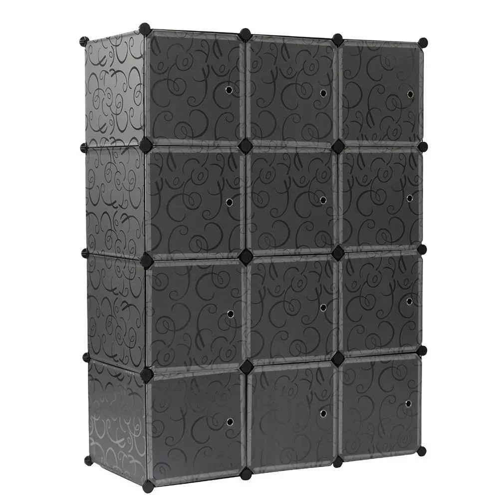 GoDecor 12-Cube DIY Closet Cabinet Plastic Closet Organizer Shelving Bookcase with White Doors and Black Color