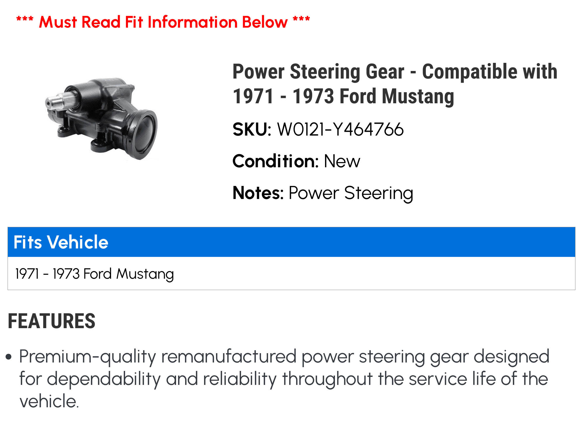 Power Steering Gear - Compatible with 1971 - 1973 Ford Mustang 1972