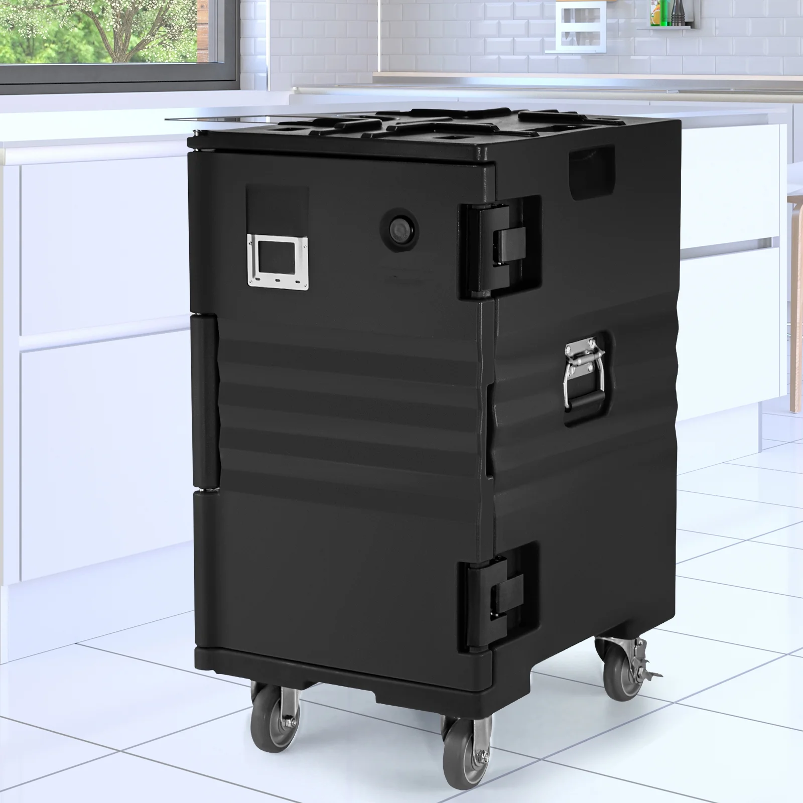 BENTISM Insulated Food Pan Carrier Front Load Catering Box w/ Wheels 109 Qt Black