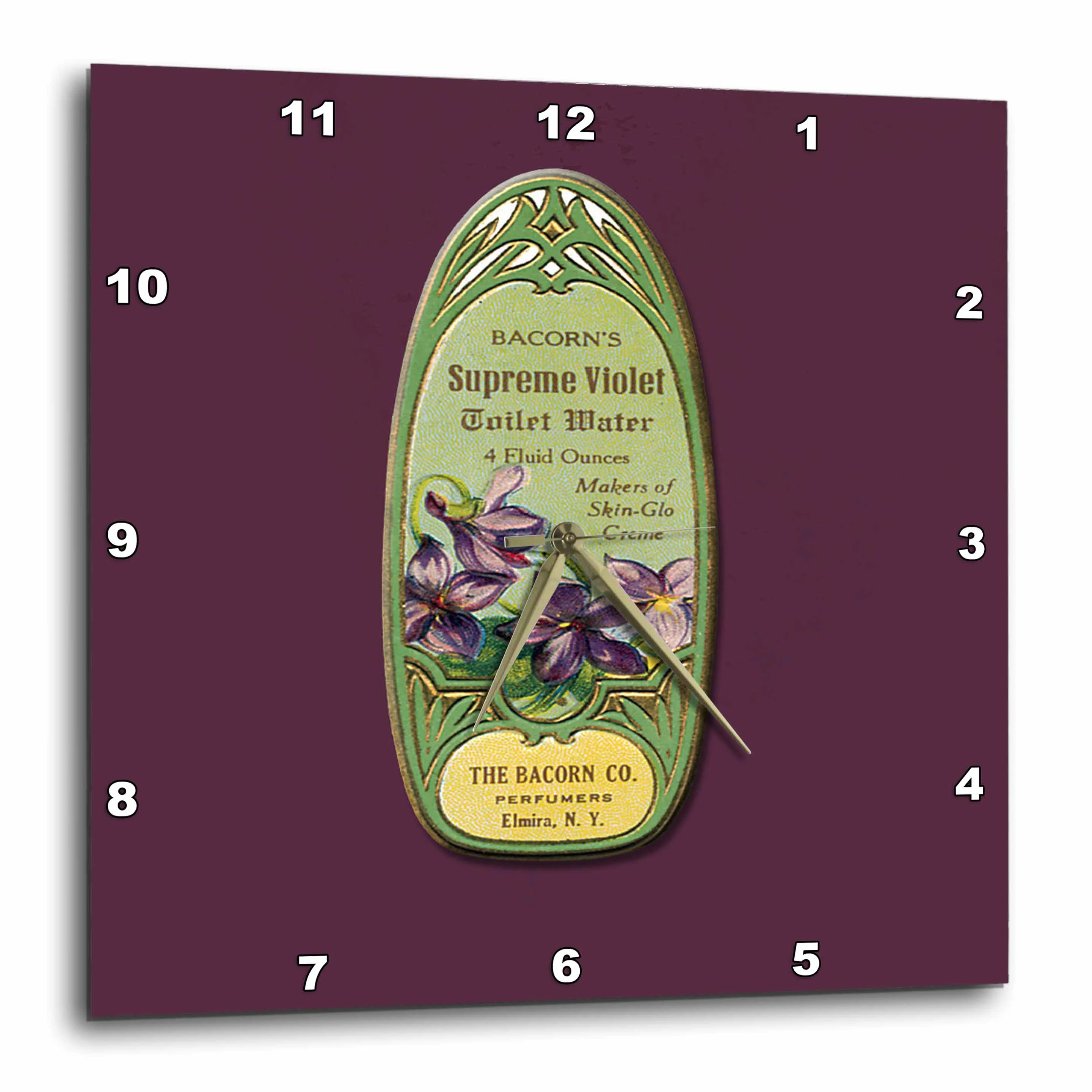 3dRose Bacorns Supreme Violet Toilet Water Perfume Bottle Label - Wall Clock, 10 by 10-inch