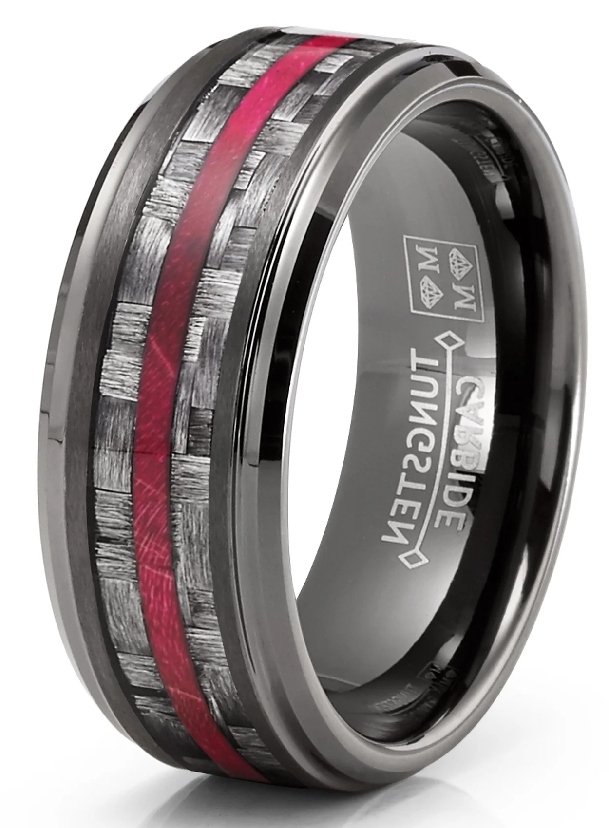 Metal Masters Carbon Fiber Tungsten Carbide Ring Red Wood Wedding Band Gunmetal 8MM