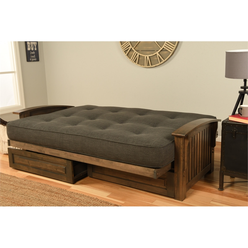 Kodiak Furniture Washington Futon in Walnut w/ Drawers and Thunder Blue Mattress