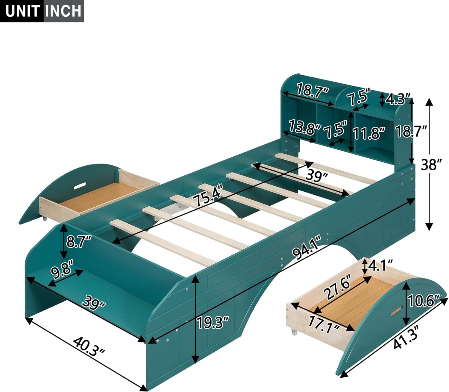 Wood Bed With Bookcase Headboard, Size Platform Bed Frame With 2 Drawers, Storage Headboard And Footboard, No Box Spring Needed, Green