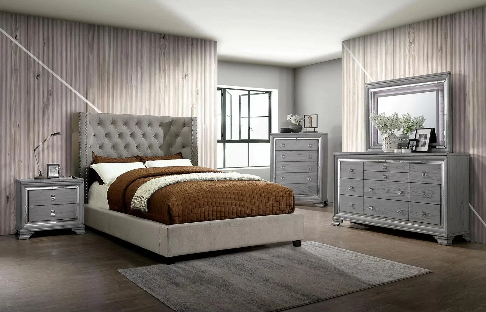 Transitional Gray Solid Wood King Bedroom Set 5pcs FOA CM7779GY Cayla