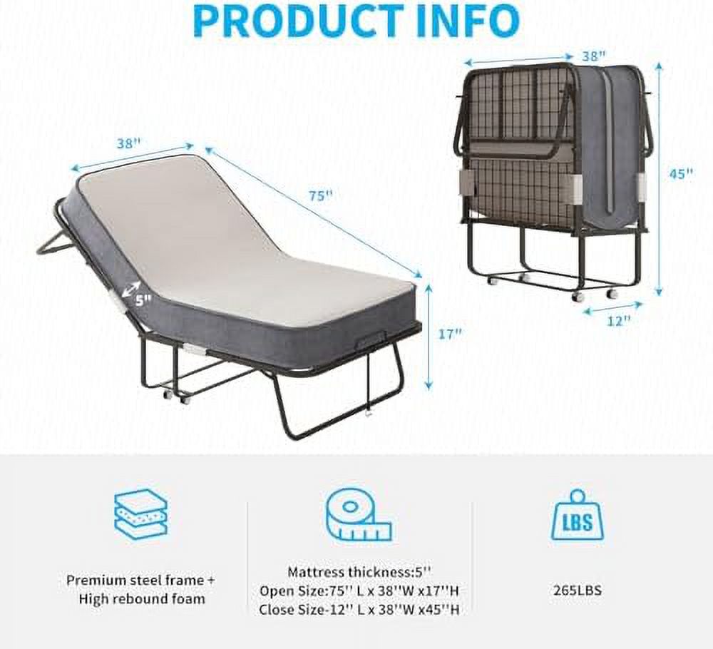 HOOMHIBIU Folding Bed with 5 Inch Mattress | Full Size Portable Bed with | 75 x 46 Space Saving Fold Up Bed | Foldable Bed Frame with 4 Lockable Wheels (Upgraded Mattress)