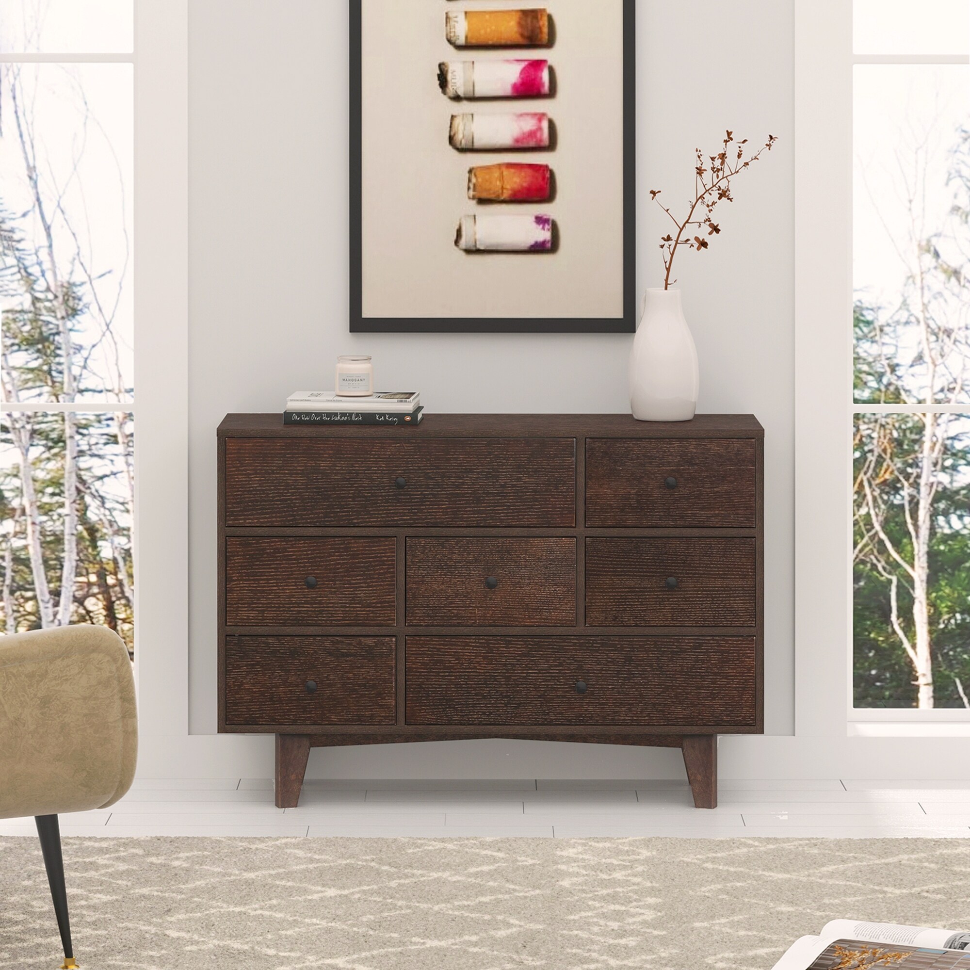 7 Drawers Dresser Cabinet with Retro Round Handle, Solid Wood Construction, and Space-Saving Design