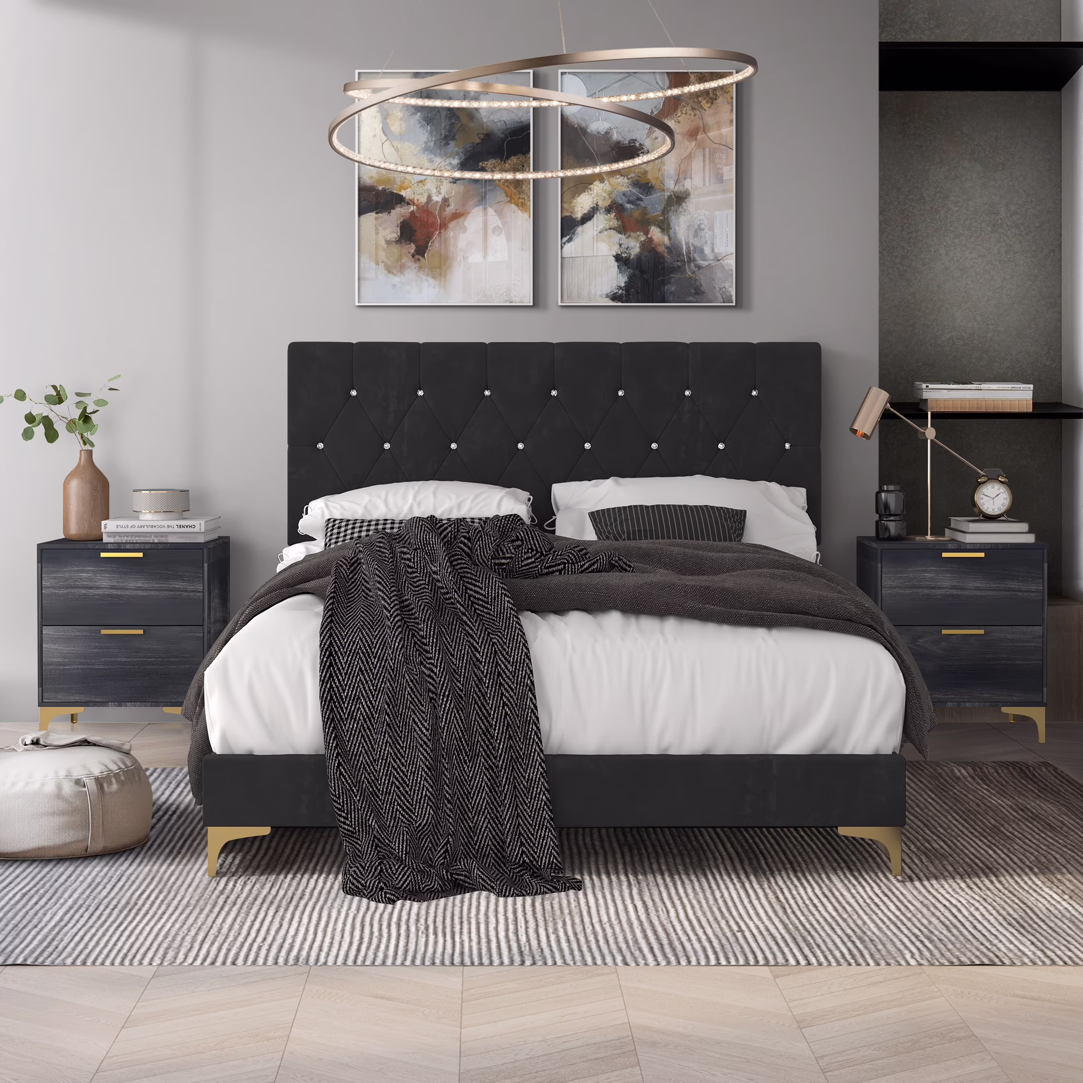 Castle Place Luxurious Crystal Velvet Upholstered King Bed With 2 Nightstands, Black