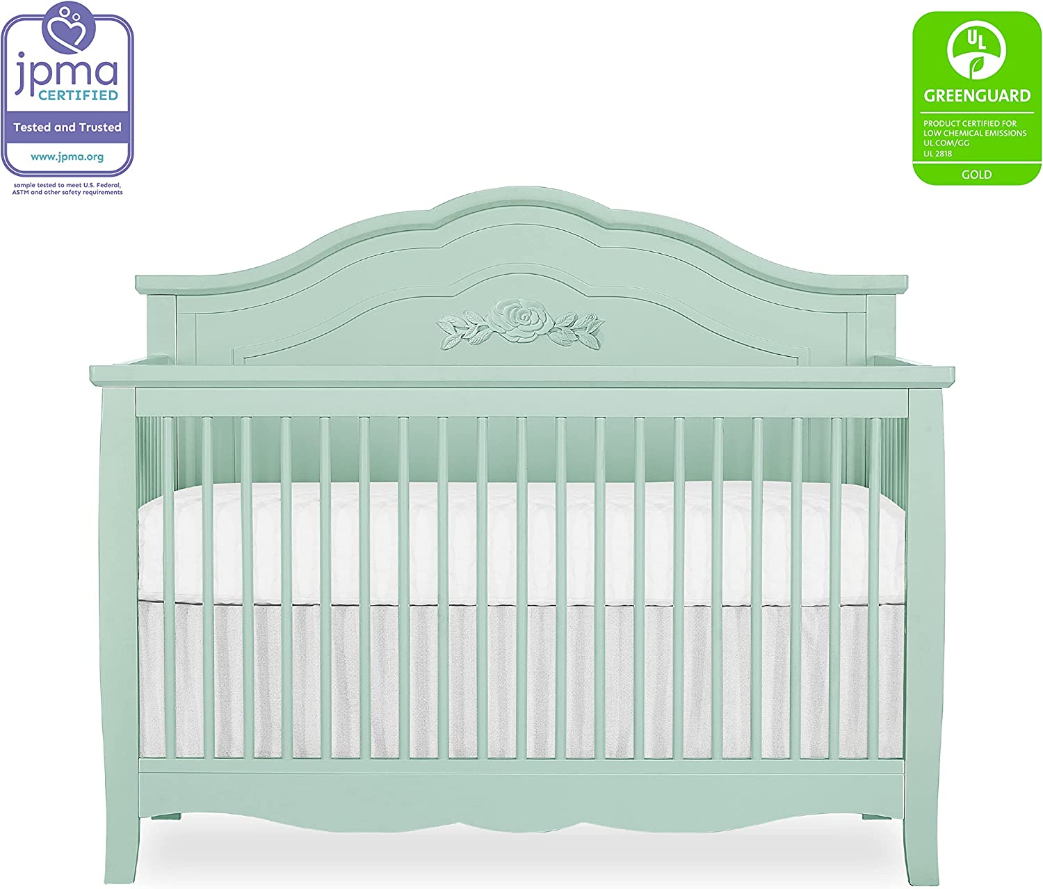 SweetPea Baby Rose 4-in-1 Convertible Crib in Seafoam Green, Baby Crib with Spindles, Greenguard Gold Certified, Easy Assembly, Sustainable New Zealand Pinewood Sea Foam Green