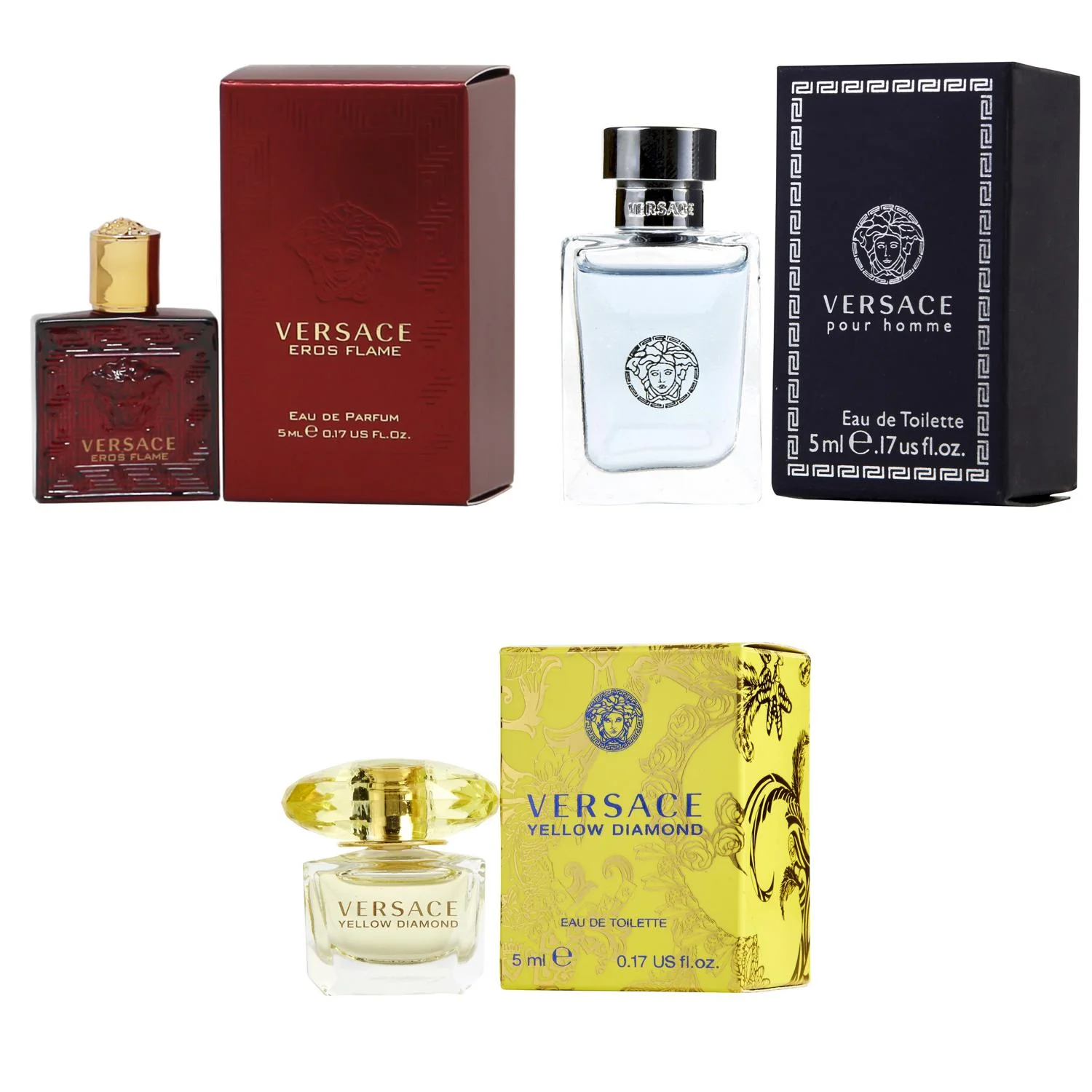 Versace Eros Flame EDP, Pour Homme EDT, Yellow Diamond  EDT - 5ml 3PK Kit