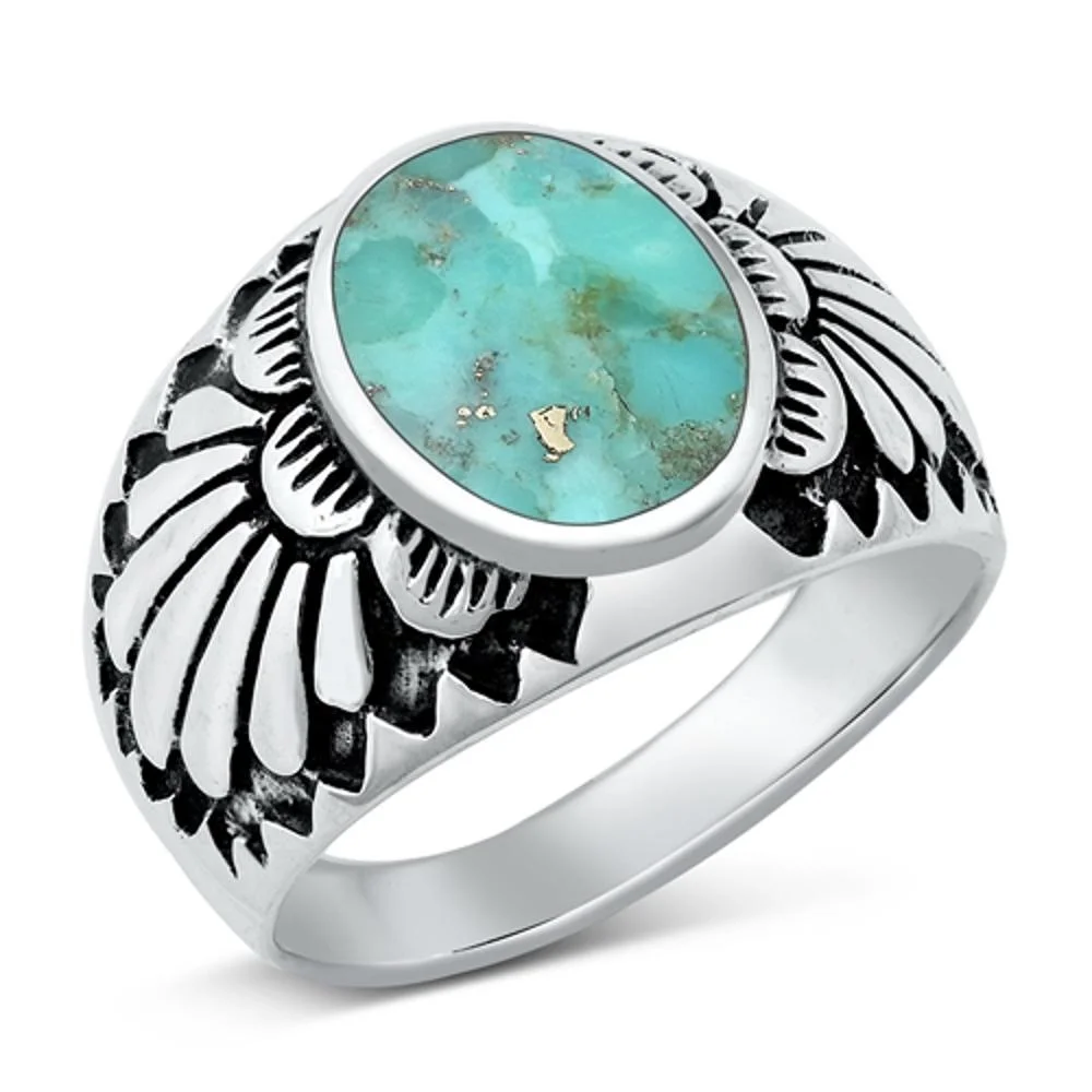 CHOOSE YOUR COLOR Feather Native Simulated Turquoise Ring .925 Sterling Silver Band Blue CZ Female Size 10