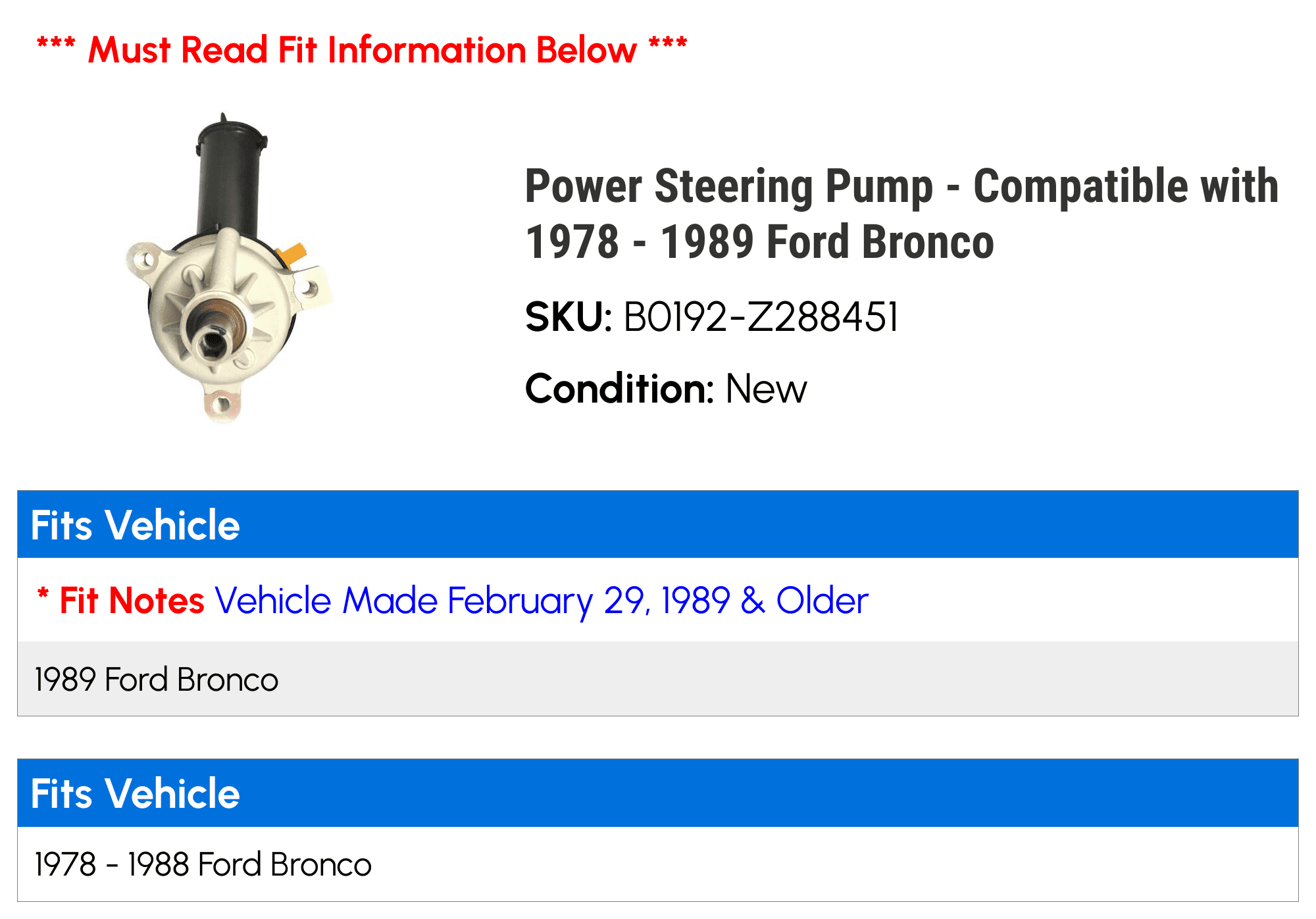 Power Steering Pump - Compatible with 1978 - 1989 Ford Bronco 1979 1980 1981 1982 1983 1984 1985 1986 1987 1988