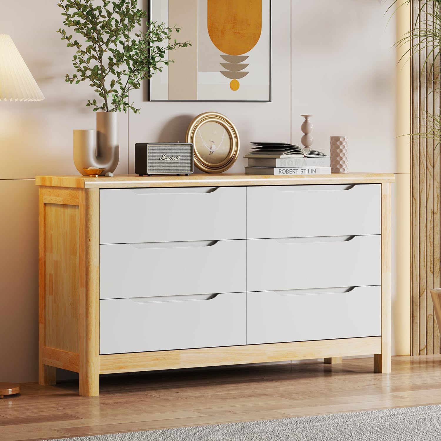 YINCHEN 6 Drawer Dresser, Large Double Solid Wood Dresser Modern Dresser Drawer Organizer with 6 Chest of Drawers for Bedroom, Kids Bedroom, Living Room, Hallway, White