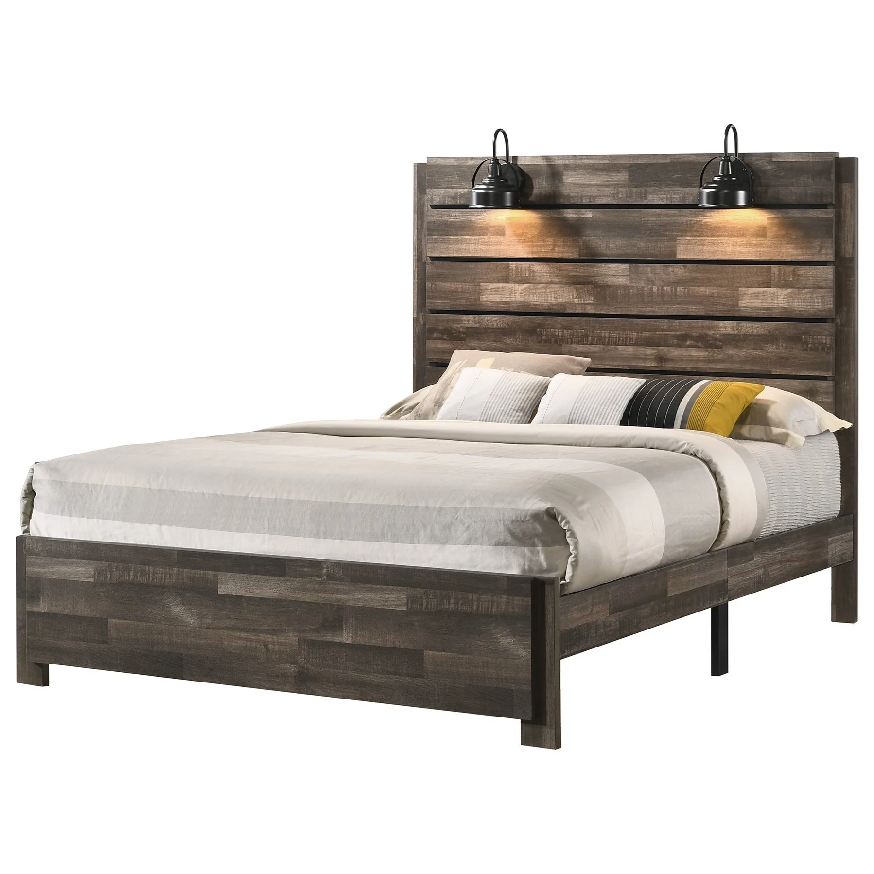 Contemporary Rustic Brown Finish Queen Size 3Pc Panel Built in Lighting Headboard Bed and Nightstand Set Wooden Bedroom Furniture