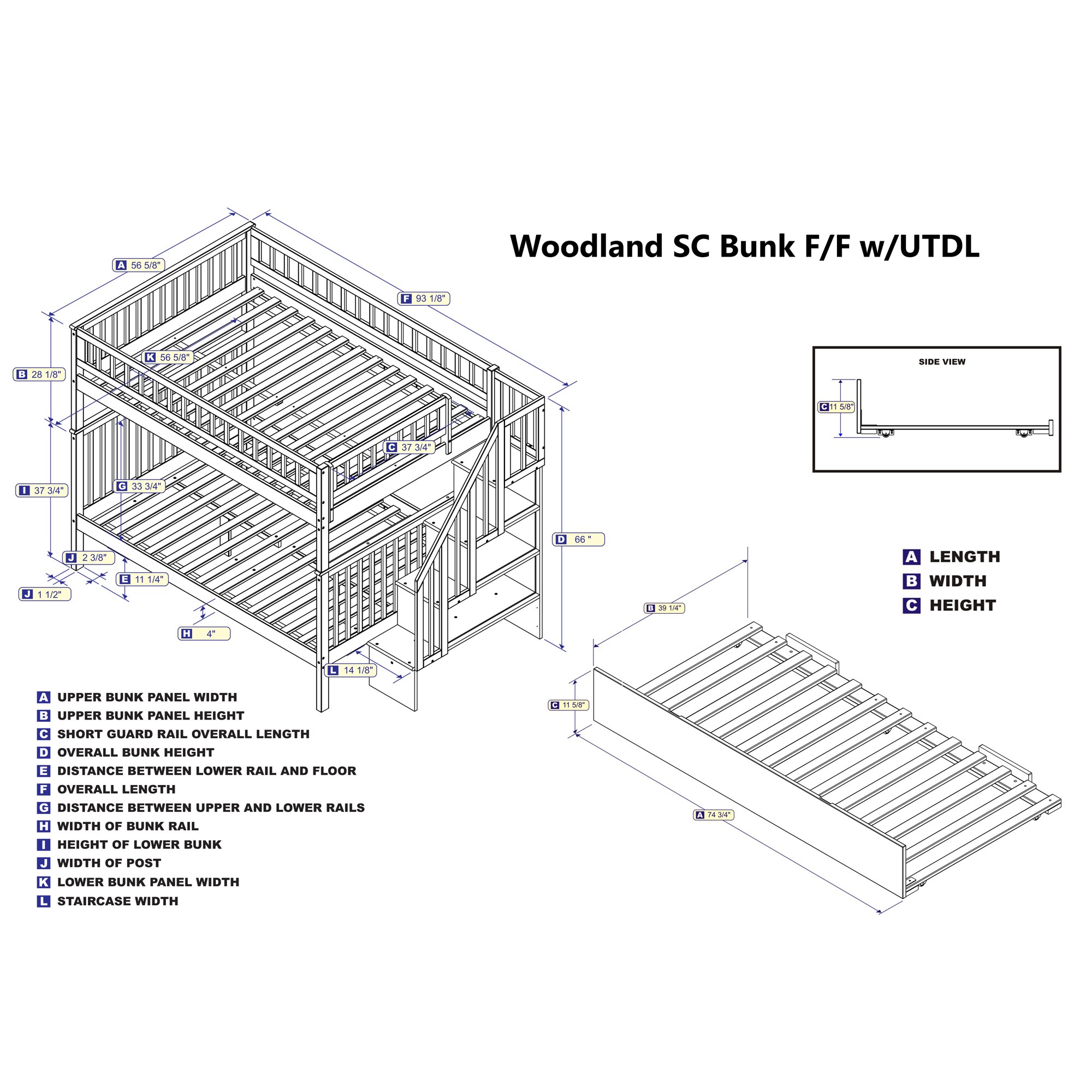 AFI Woodland Staircase Bunk Bed Full over Full with Twin Trundle in White
