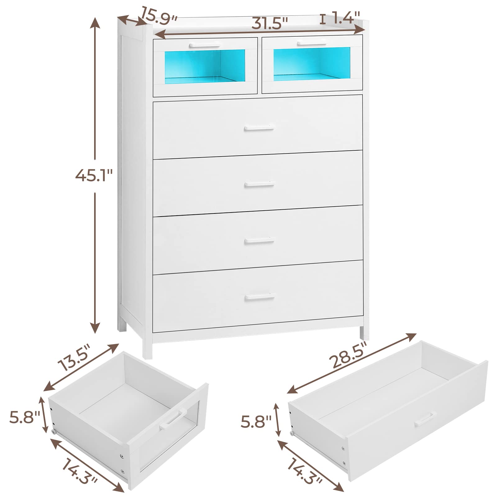 White 6 Drawers Dresser for Bedroom,Chest of Drawers with LED Lights, Wood Storage Cabinet Dresser for Nursery, Kids Room, Entryway