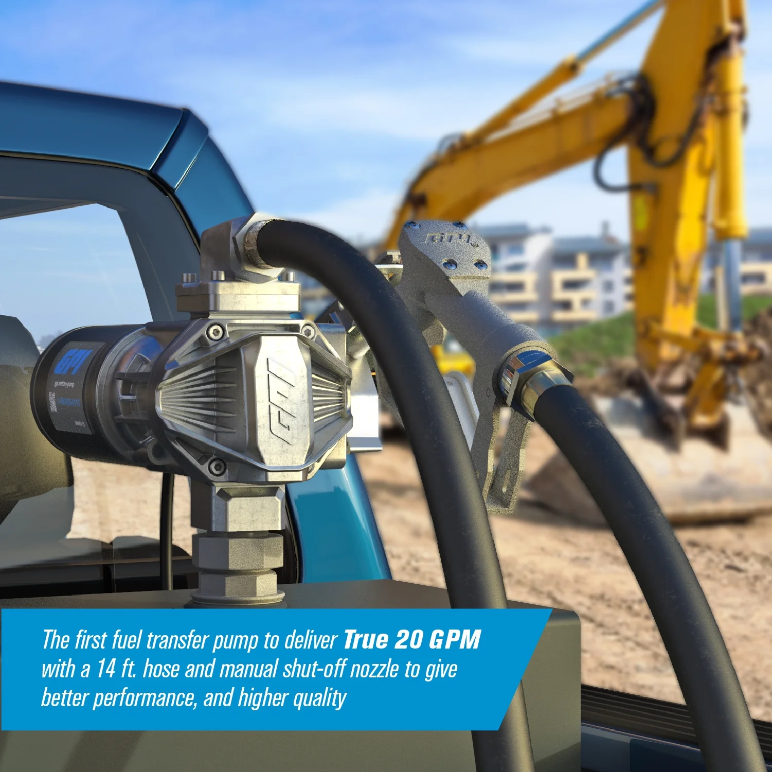 GPI - G20 12V Fuel Transfer Pump, Manual Diesel Nozzle, 20 GPM Fuel Pump, 14' Hose, Adjustable Suction Pipe (162000-02)